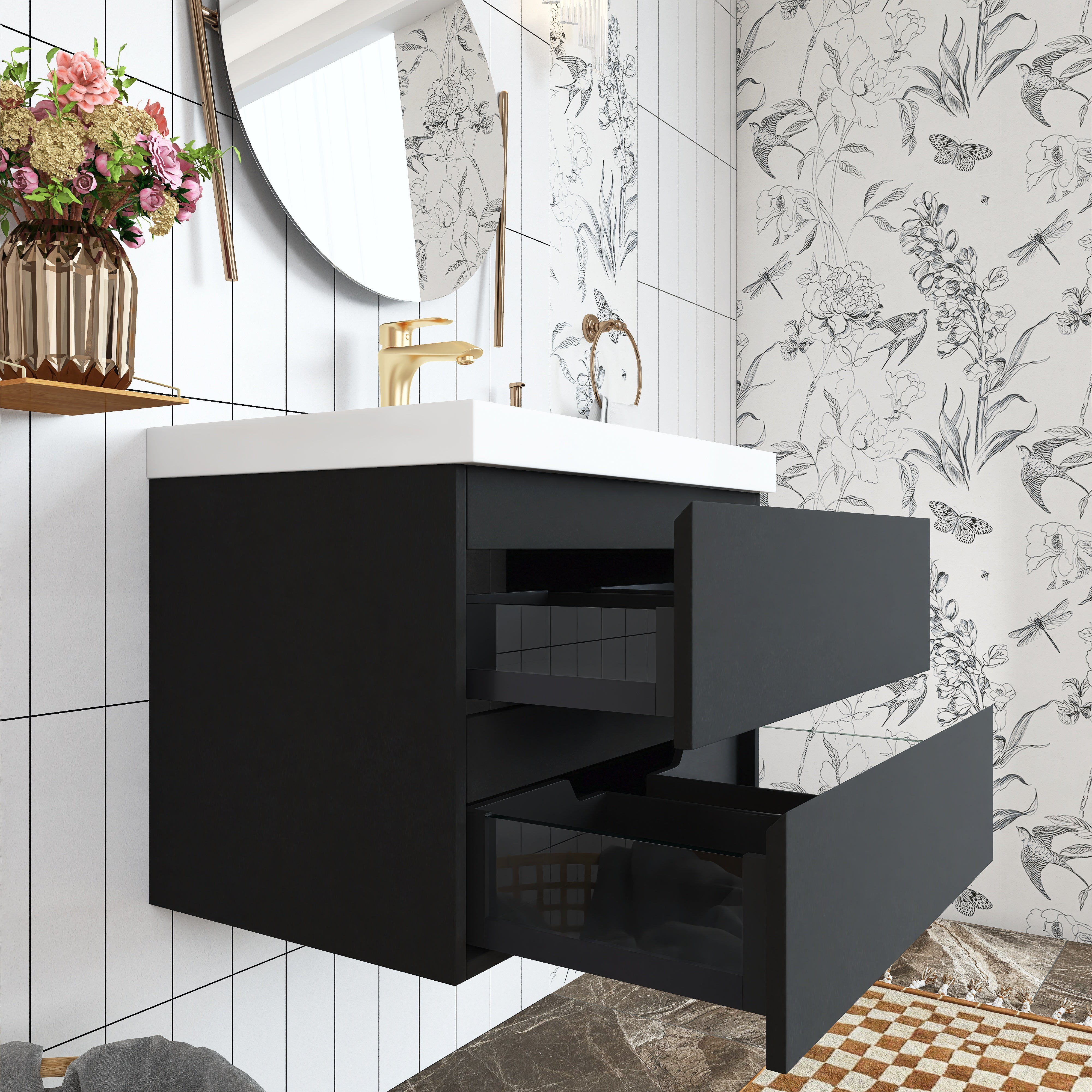 Wall Mounted Bathroom Vanity in Black with Cultured Marble Sink