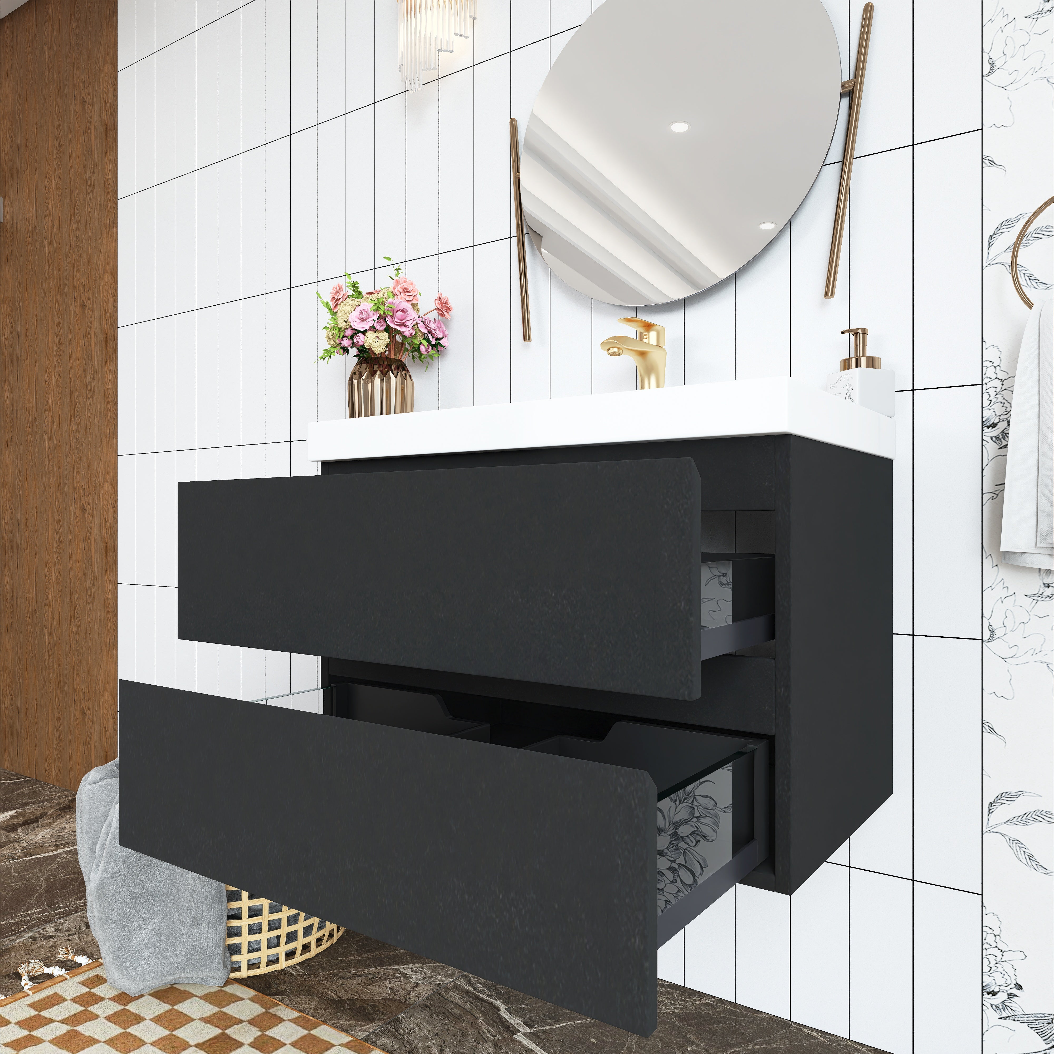 Wall Mounted Bathroom Vanity in Black with Cultured Marble Sink