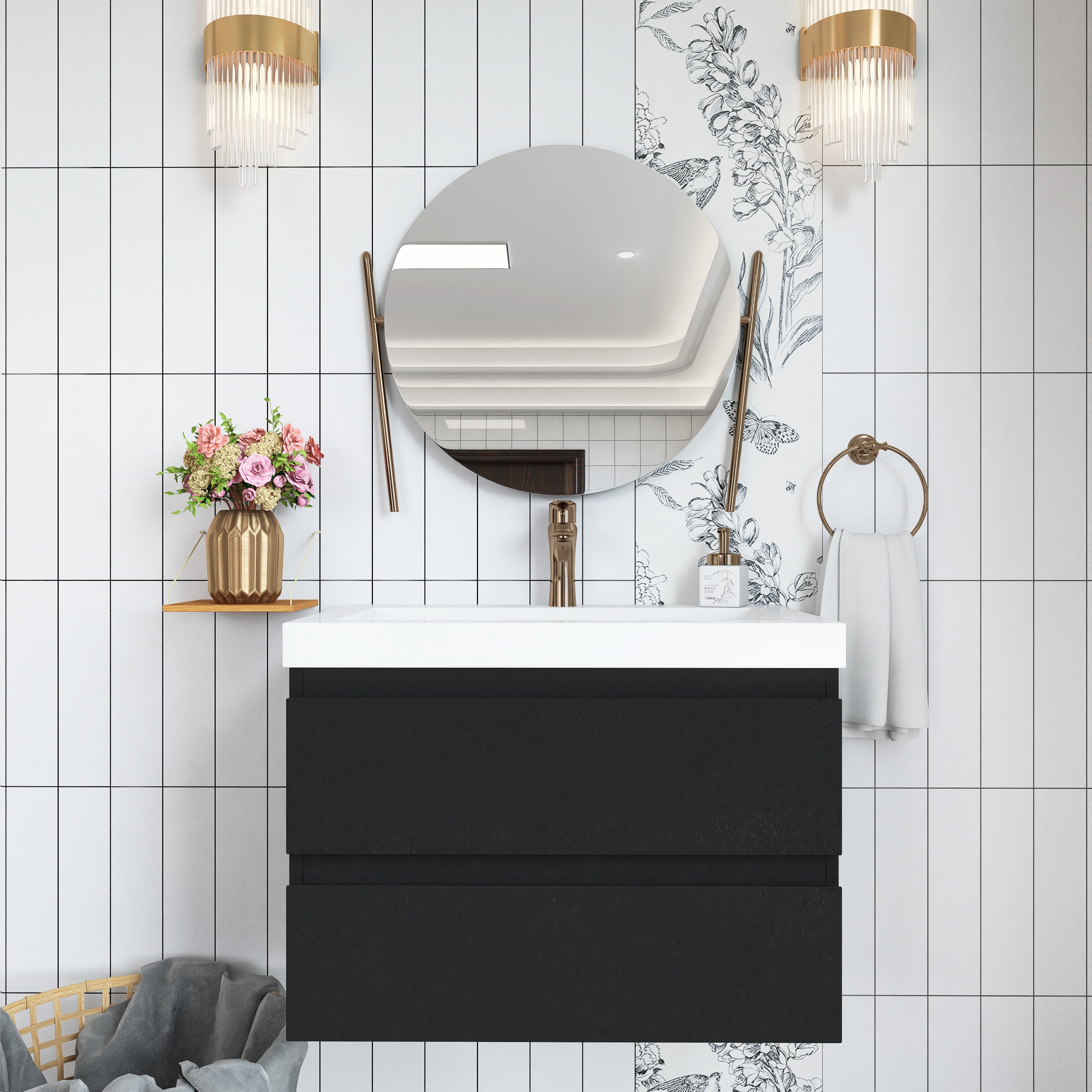 Wall Mounted Bathroom Vanity in Black with Cultured Marble Sink