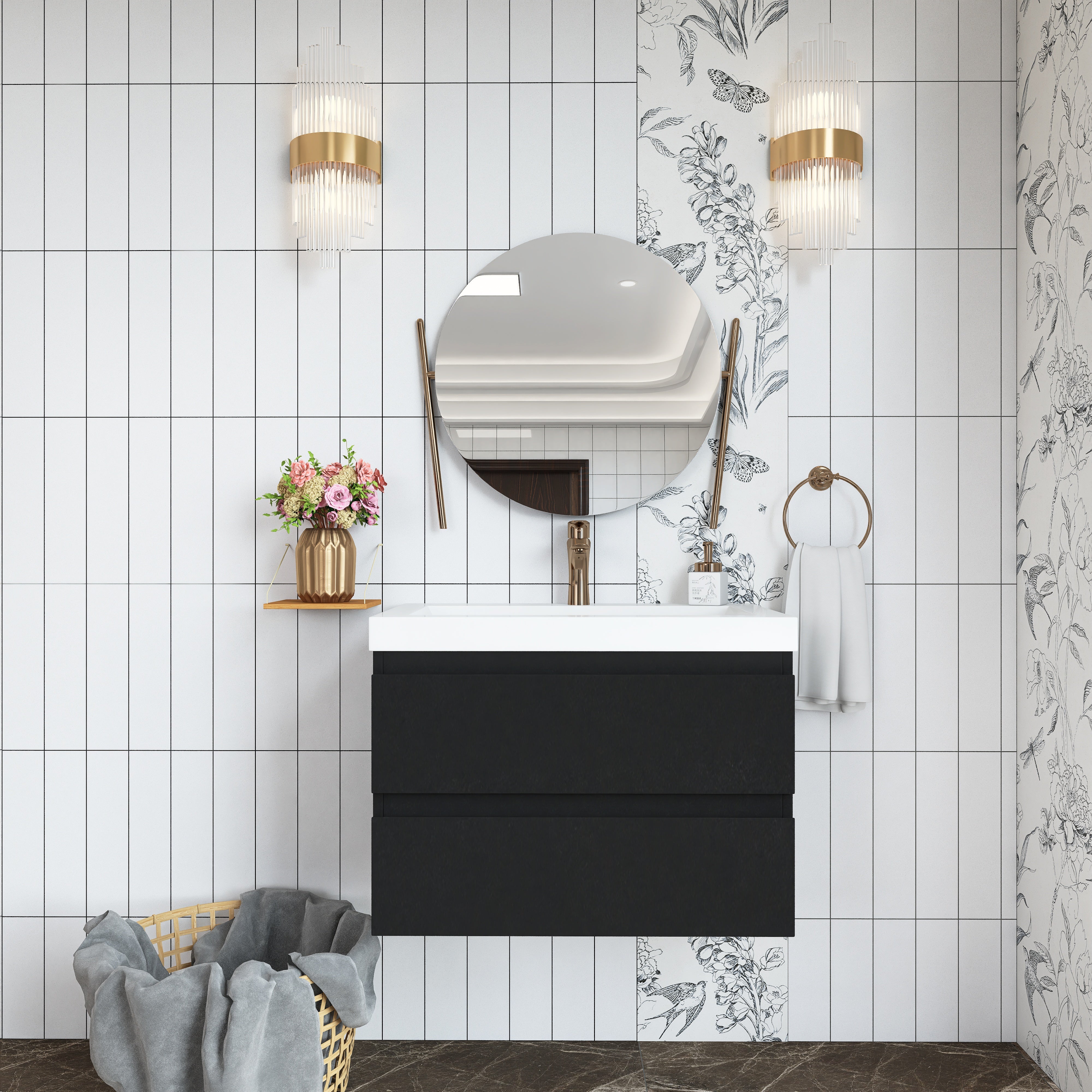 Wall Mounted Bathroom Vanity in Black with Cultured Marble Sink