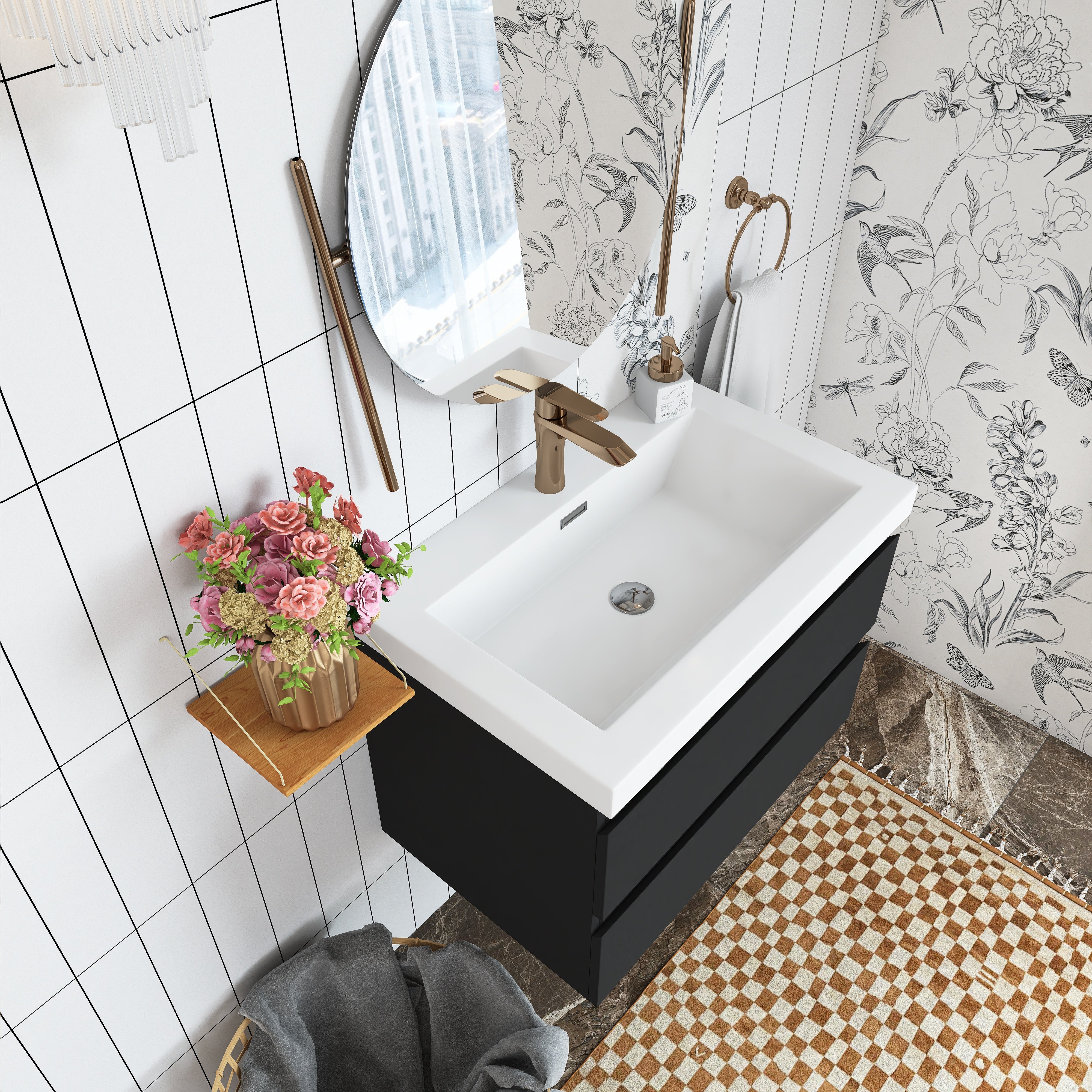 Wall Mounted Bathroom Vanity in Black with Cultured Marble Sink