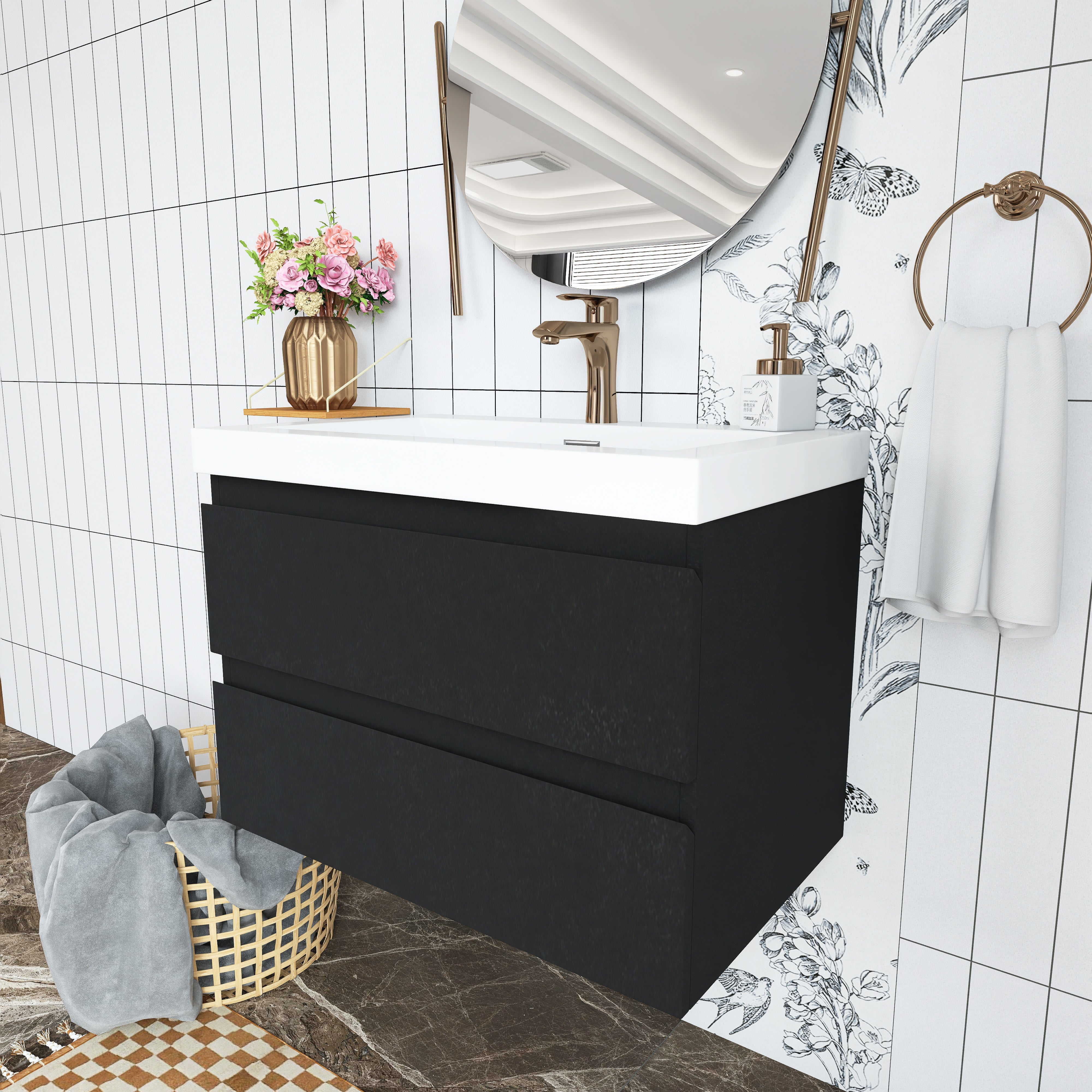 Wall Mounted Bathroom Vanity in Black with Cultured Marble Sink