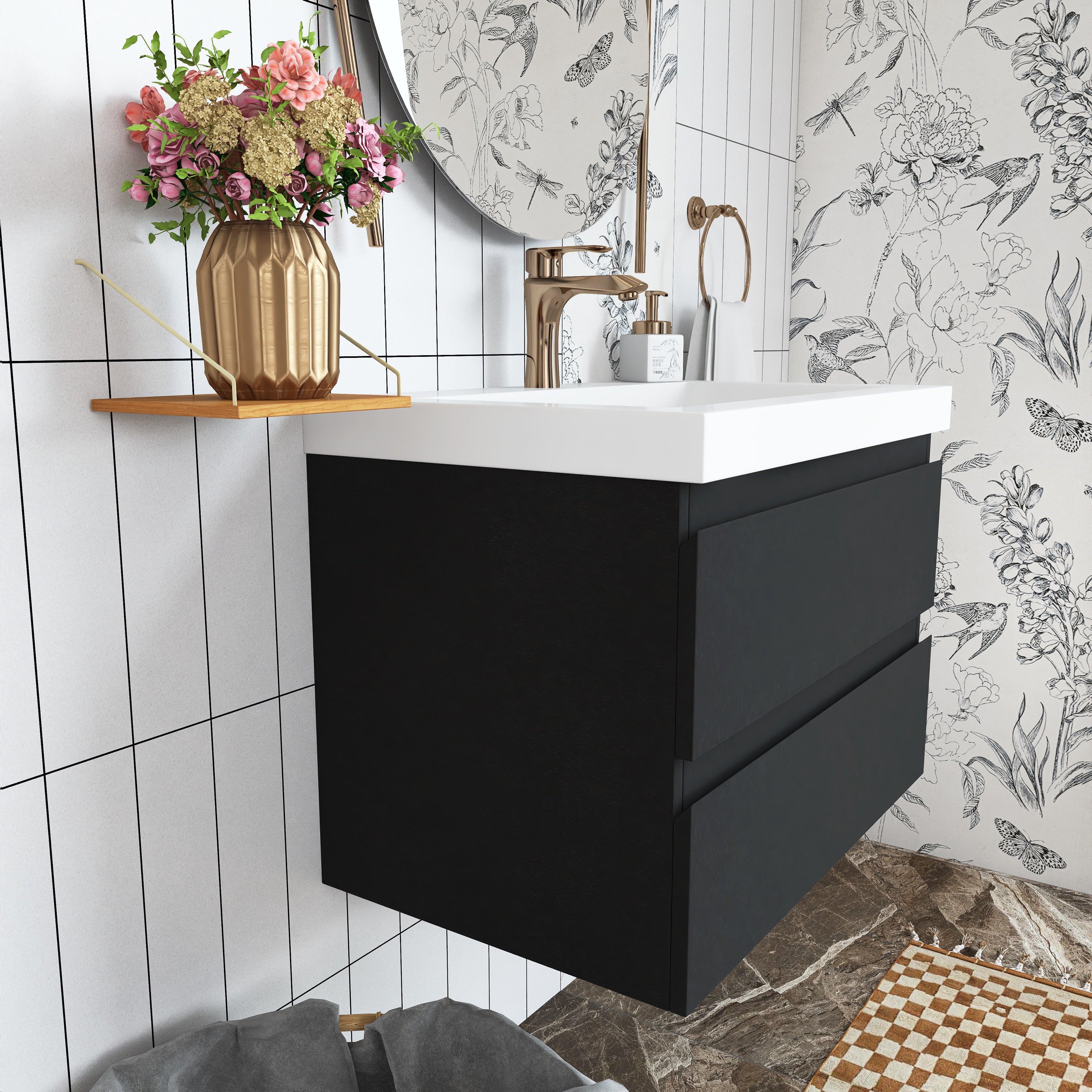 Wall Mounted Bathroom Vanity in Black with Cultured Marble Sink