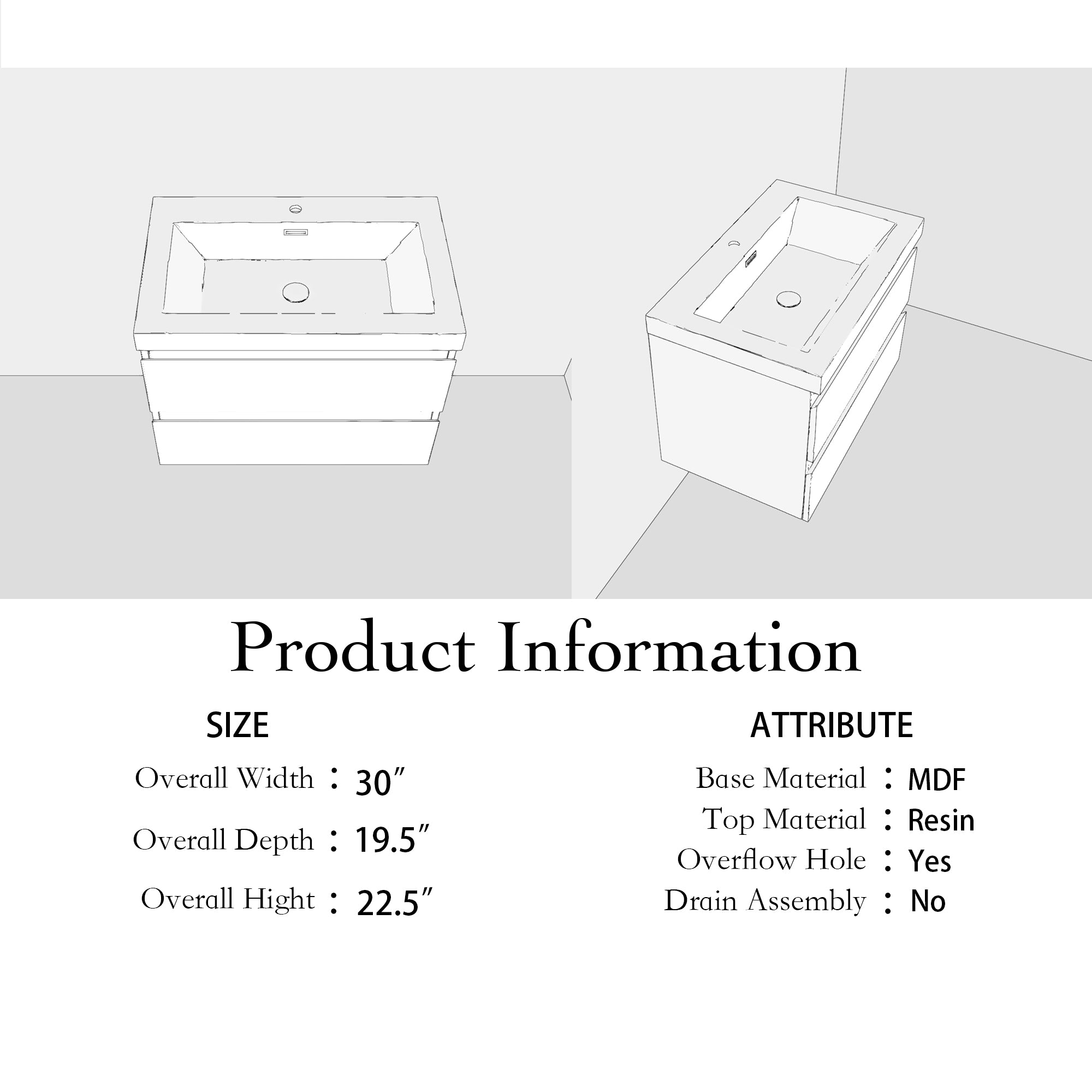 Wall Mounted Bathroom Vanity Set in Grey Oak with Integrated Black Resin Sink with Drain
