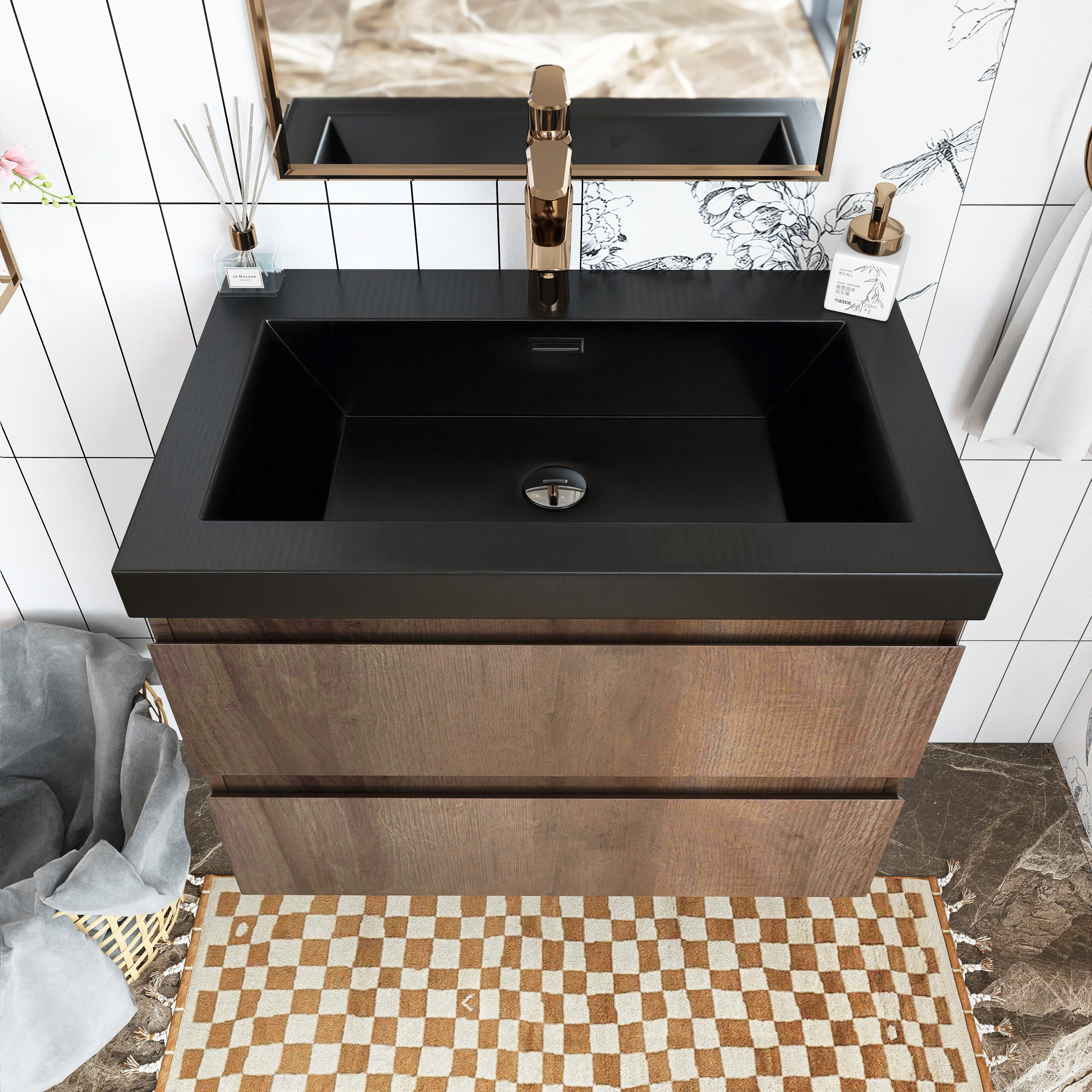 Wall Mounted Bathroom Vanity Set in Grey Oak with Integrated Black Resin Sink with Drain