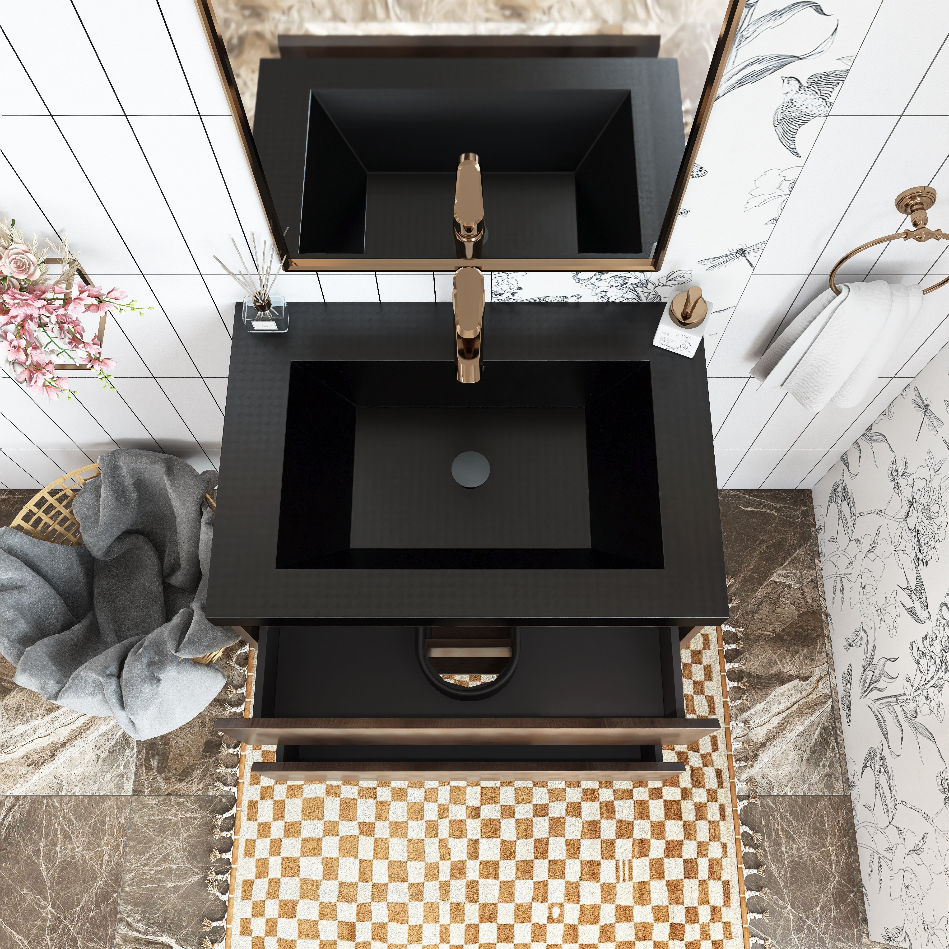 Wall Mounted Bathroom Vanity Set in Grey Oak with Integrated Black Resin Sink with Drain