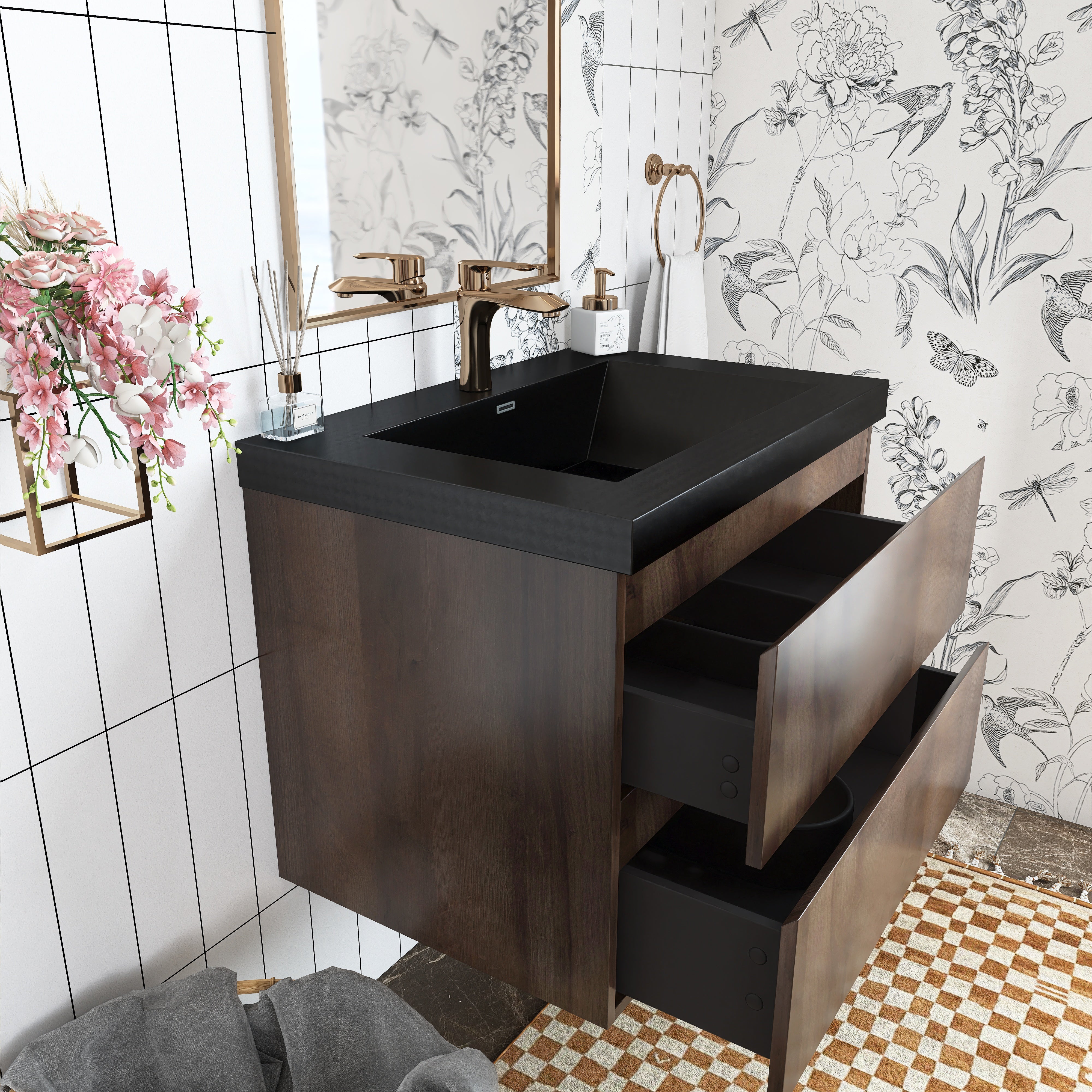Wall Mounted Bathroom Vanity Set in Grey Oak with Integrated Black Resin Sink with Drain