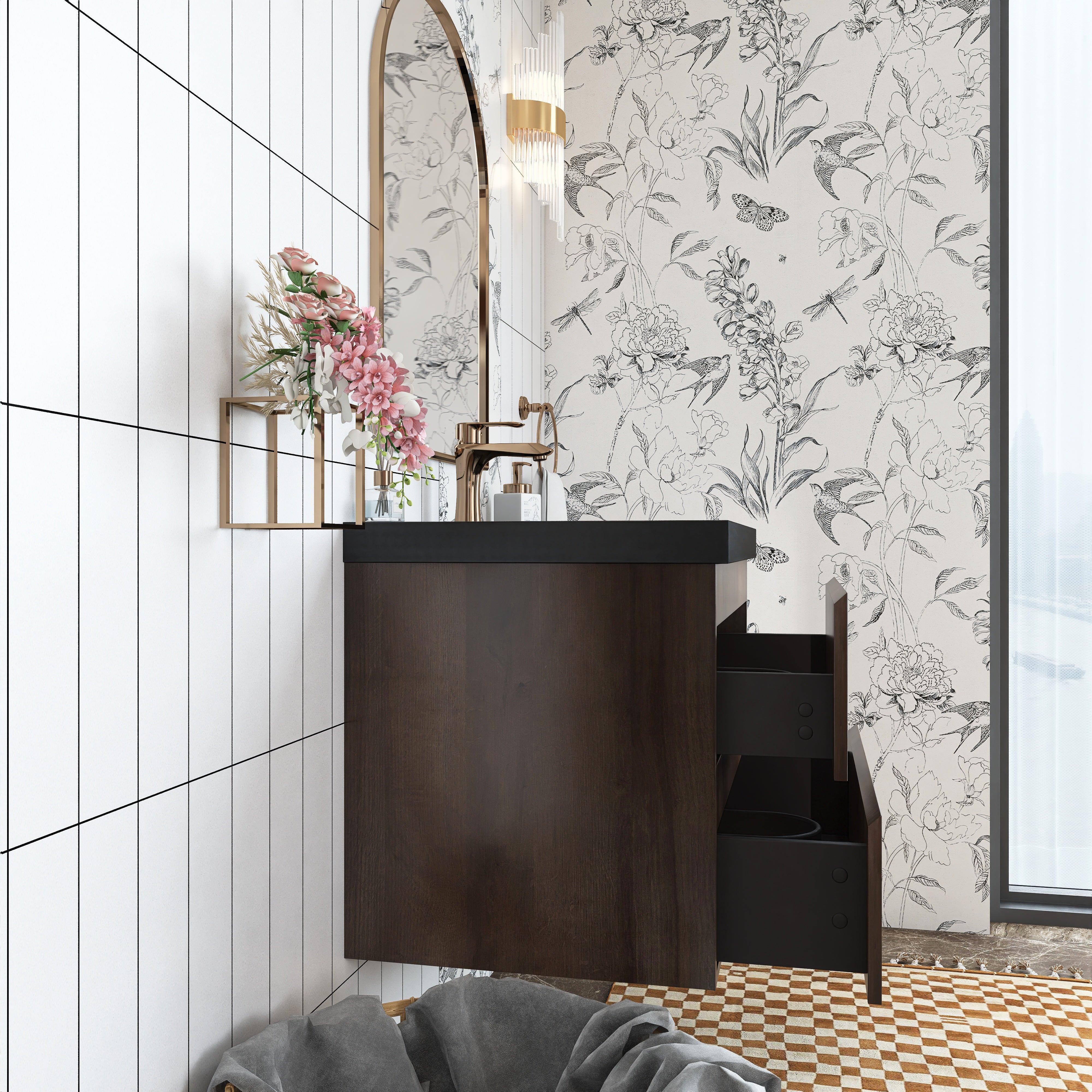 Wall Mounted Bathroom Vanity Set in Grey Oak with Integrated Black Resin Sink with Drain