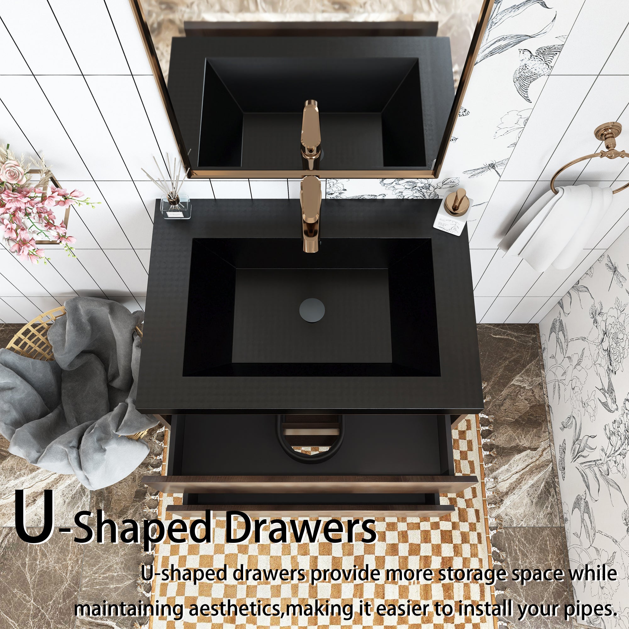 Wall Mounted Bathroom Vanity Set in Grey Oak with Integrated Black Resin Sink with Drain