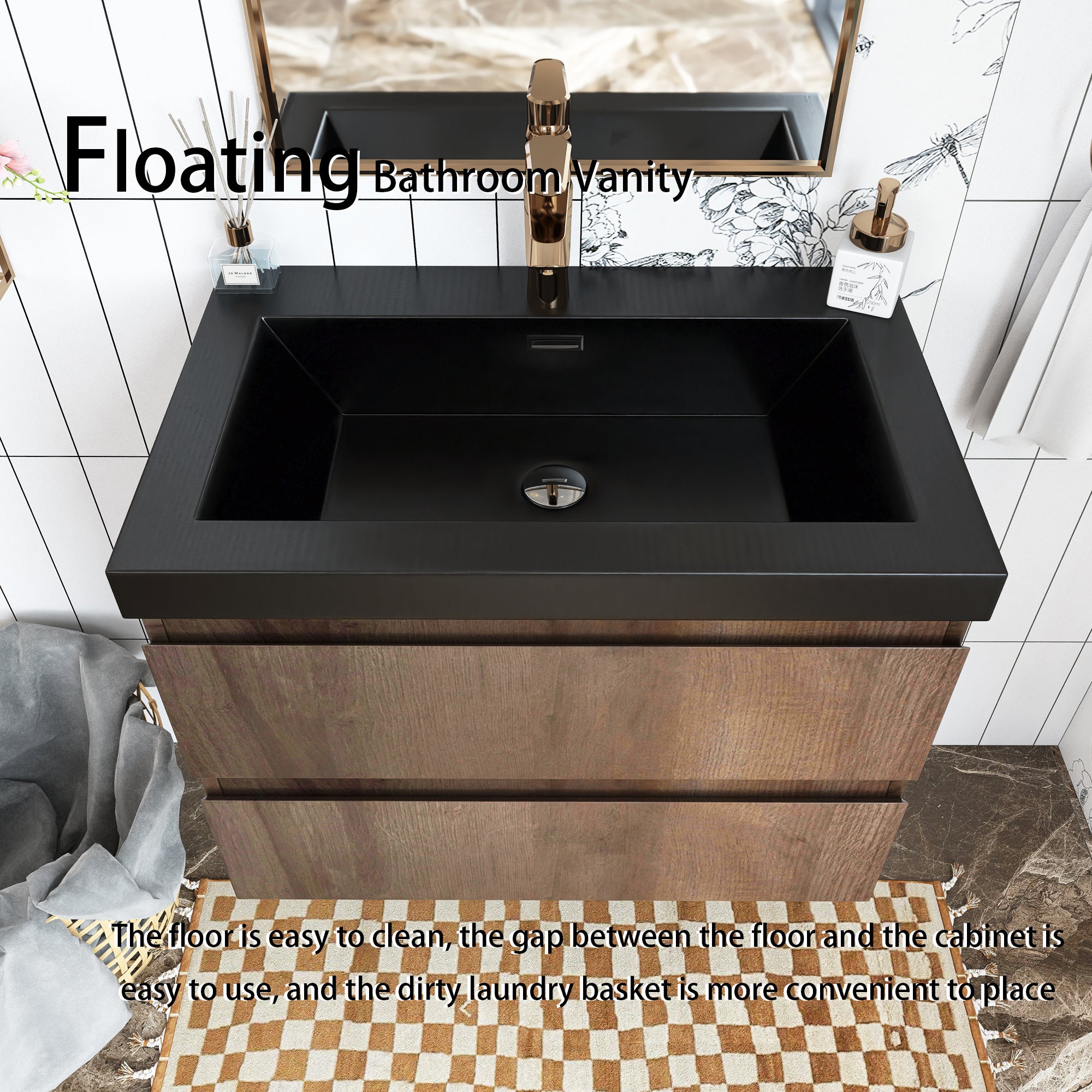 Wall Mounted Bathroom Vanity Set in Grey Oak with Integrated Black Resin Sink with Drain