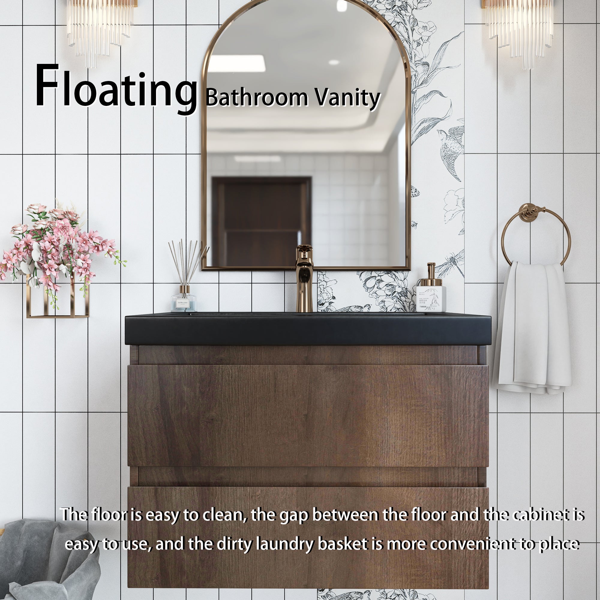Wall Mounted Bathroom Vanity Set in Grey Oak with Integrated Black Resin Sink with Drain