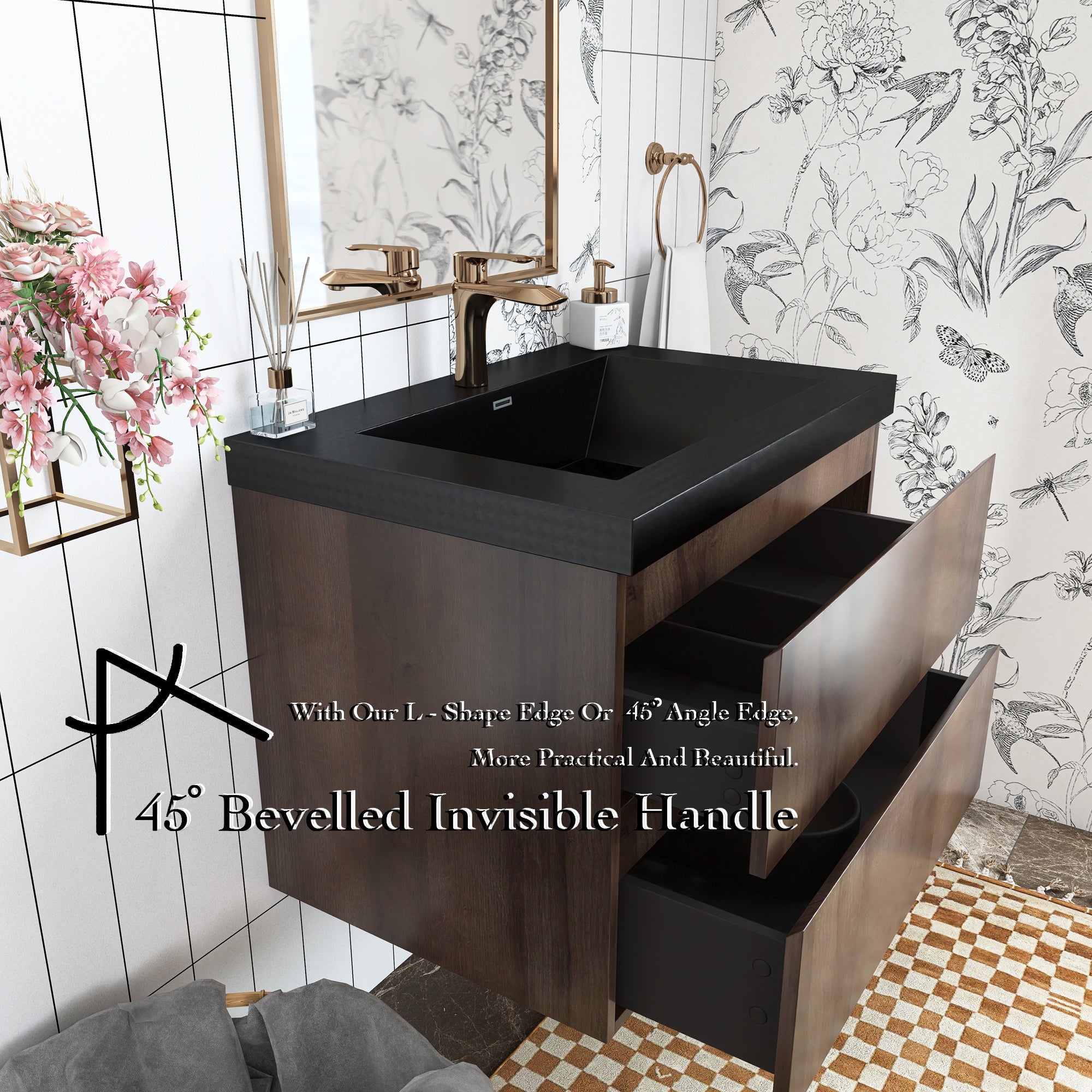 Wall Mounted Bathroom Vanity Set in Grey Oak with Integrated Black Resin Sink with Drain