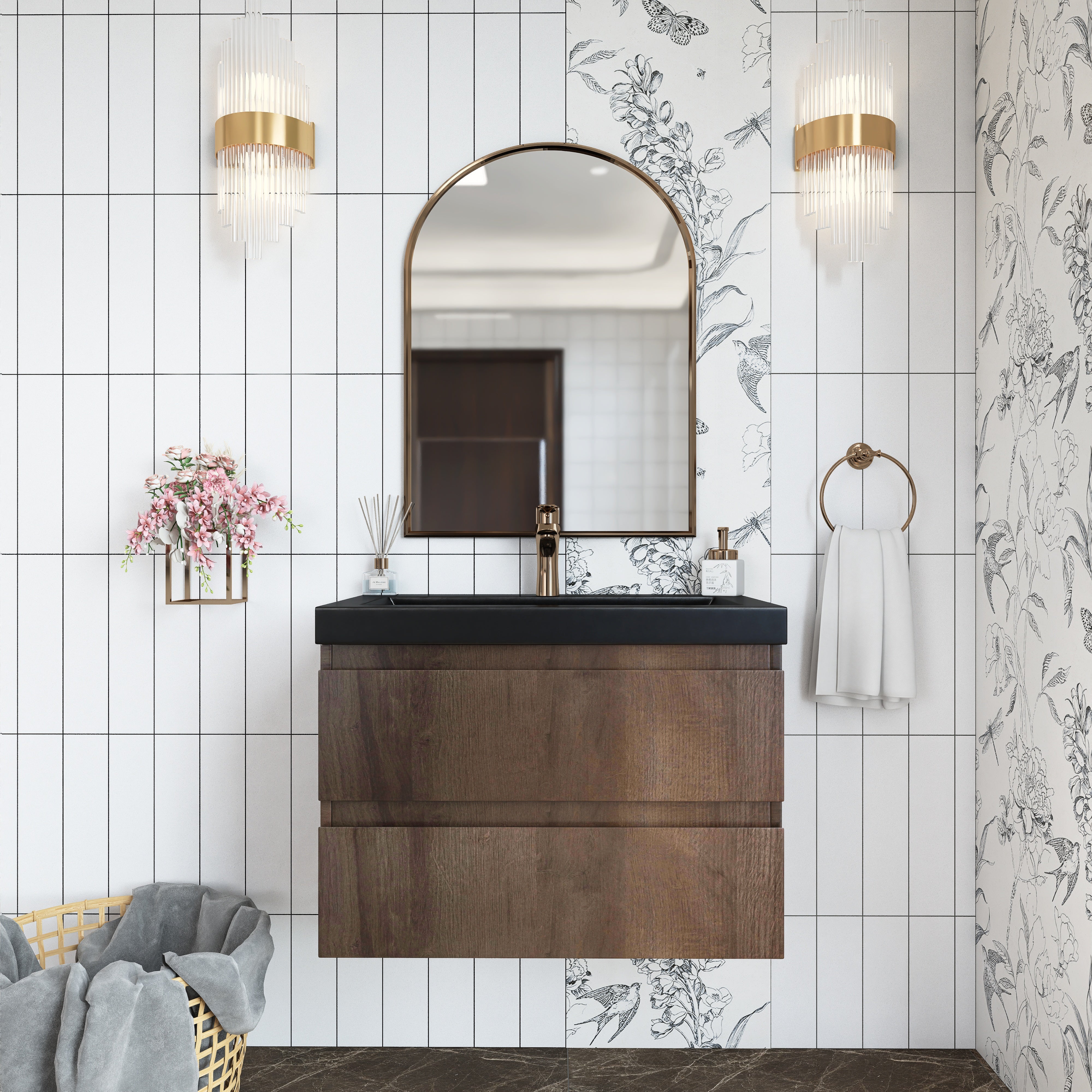 Wall Mounted Bathroom Vanity Set in Grey Oak with Integrated Black Resin Sink with Drain