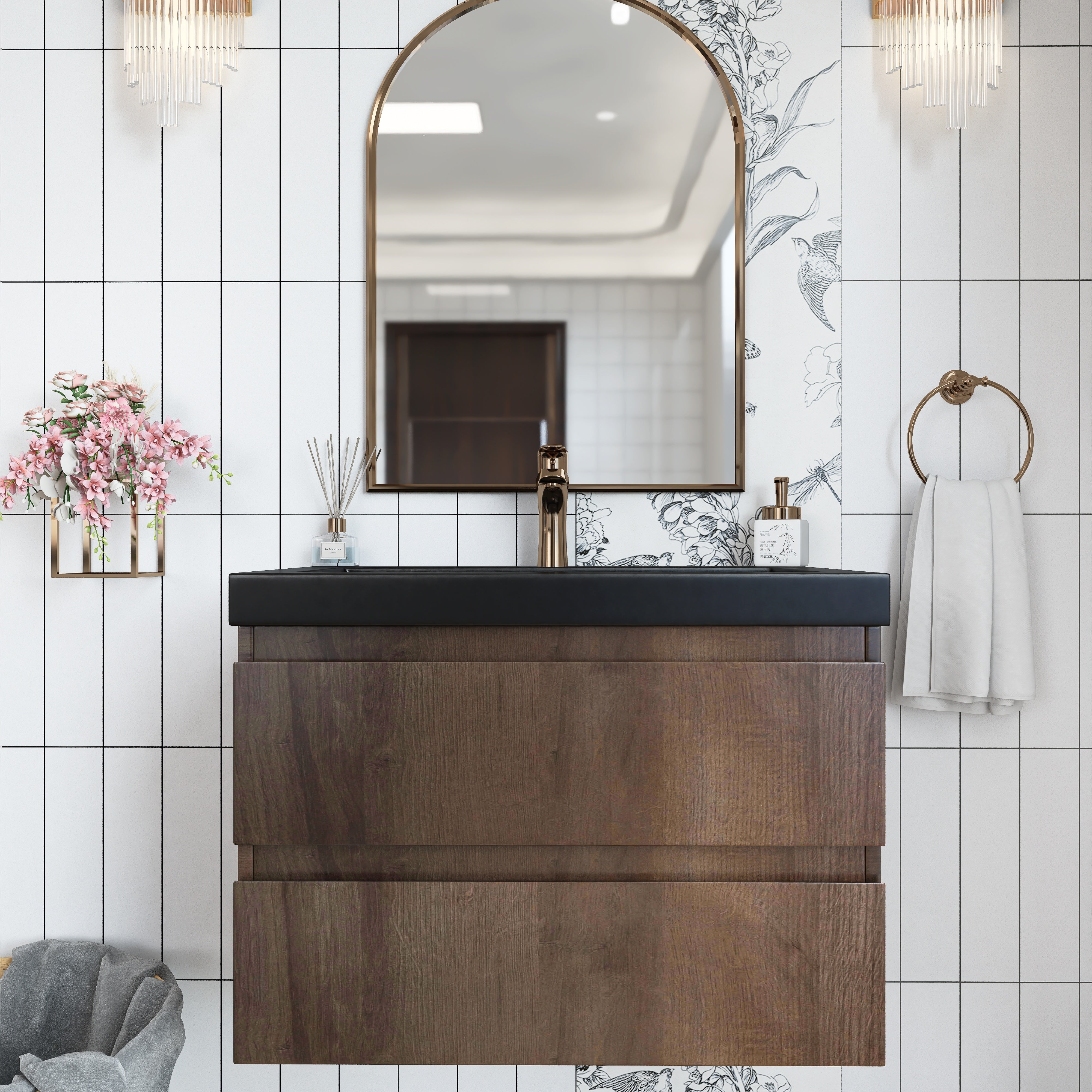 Wall Mounted Bathroom Vanity Set in Grey Oak with Integrated Black Resin Sink with Drain