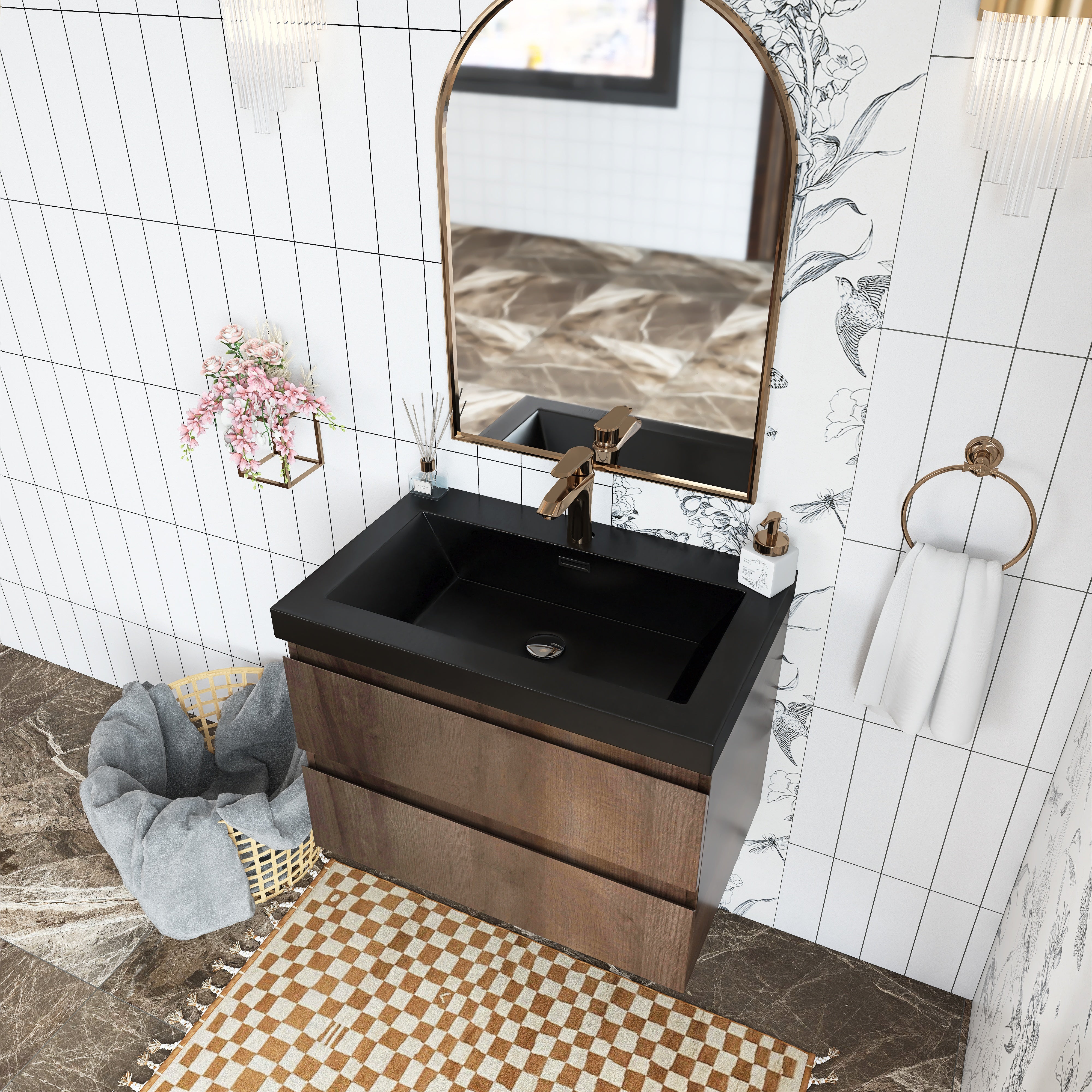 Wall Mounted Bathroom Vanity Set in Grey Oak with Integrated Black Resin Sink with Drain