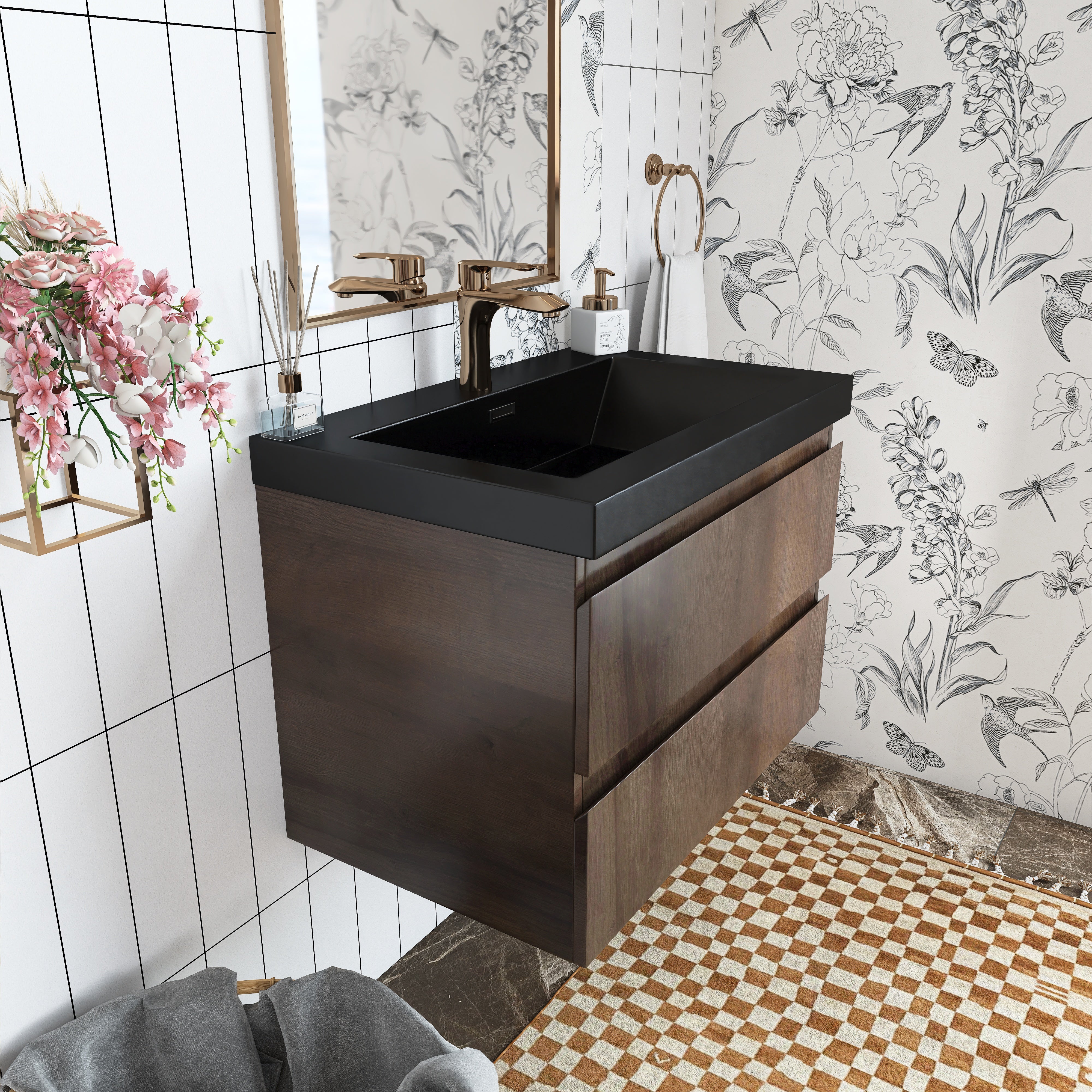Wall Mounted Bathroom Vanity Set in Grey Oak with Integrated Black Resin Sink with Drain