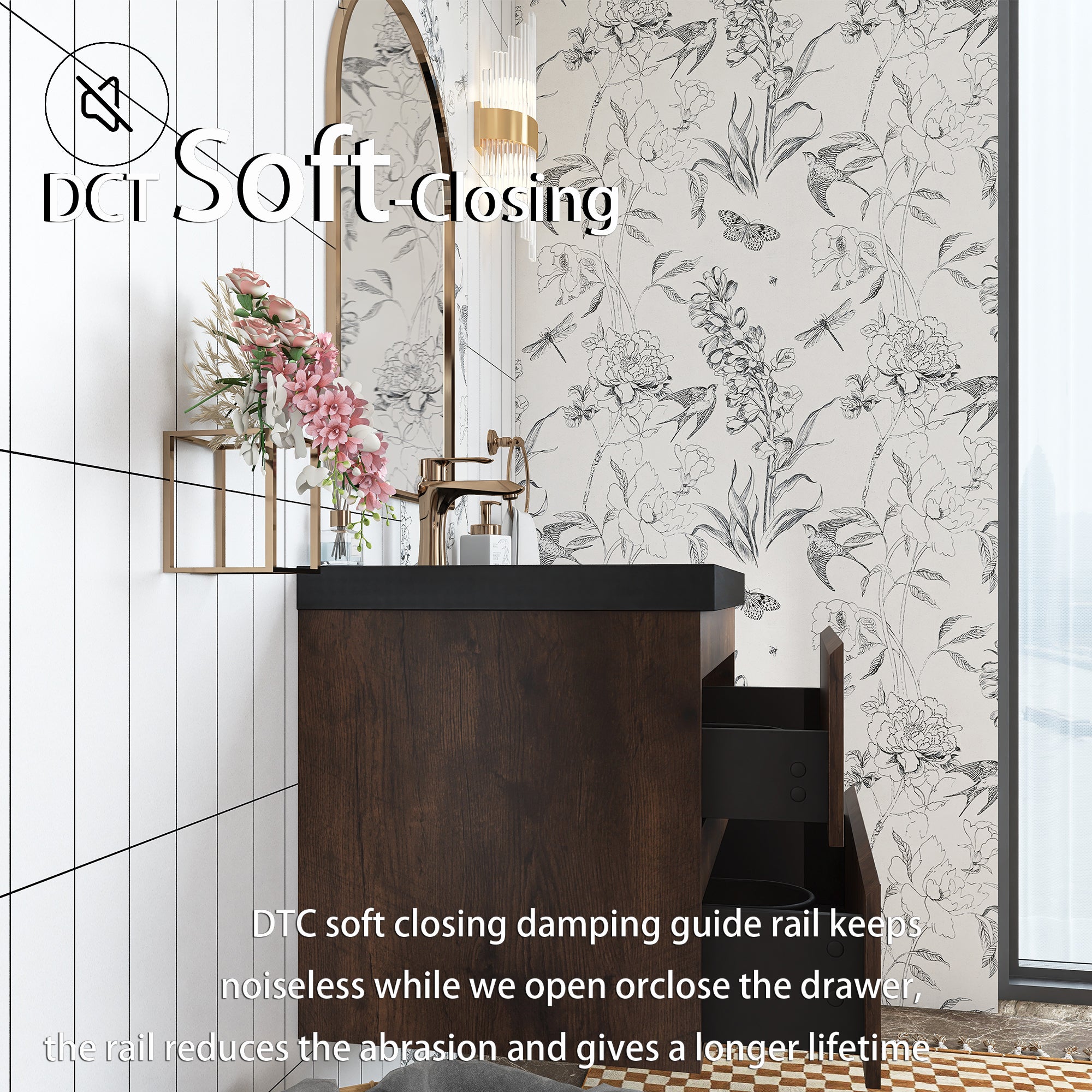 Wall Mounted Bathroom Vanity in Rose Wood with Soft-closing Drawers Black Cultured Marble Sink