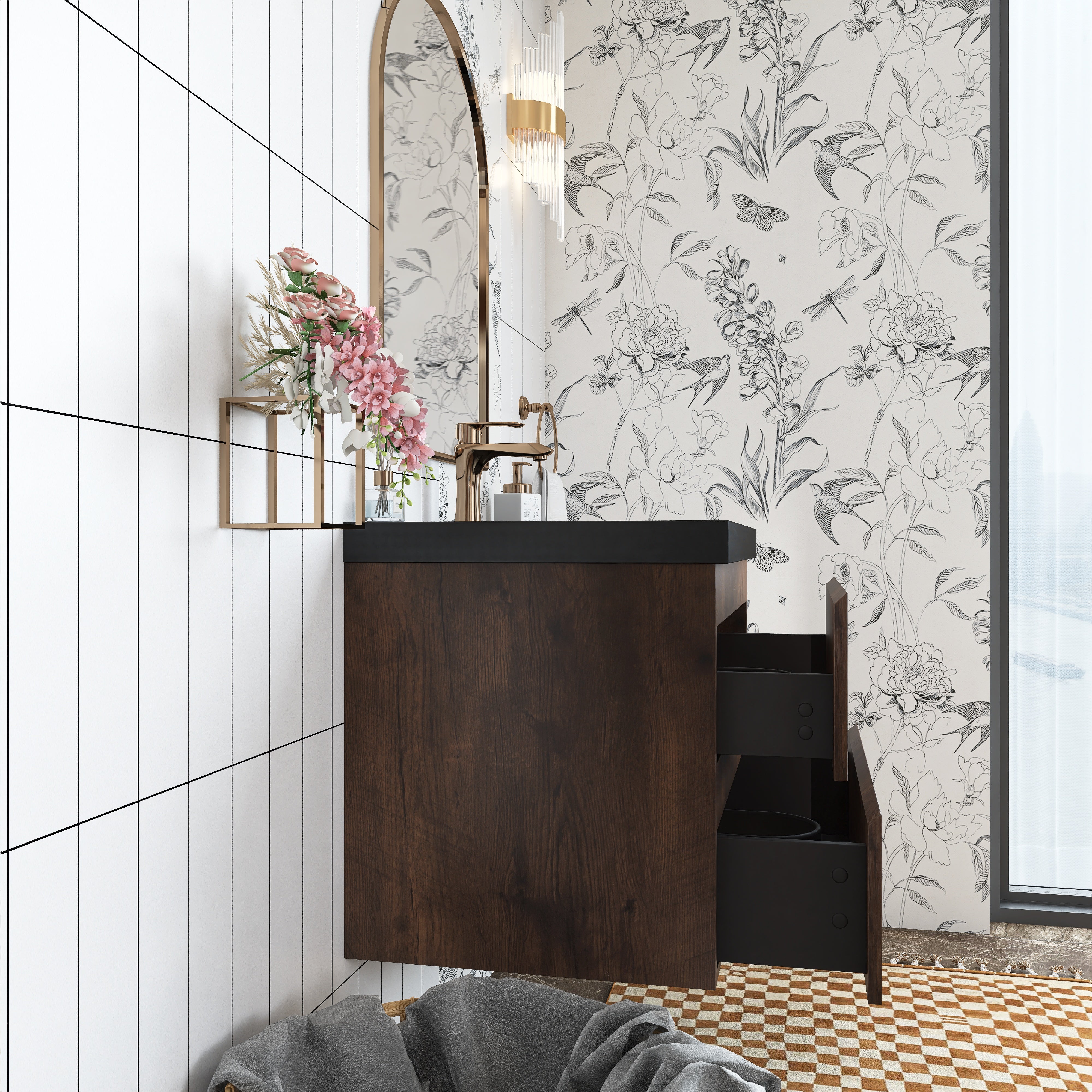 Wall Mounted Bathroom Vanity in Rose Wood with Soft-closing Drawers Black Cultured Marble Sink