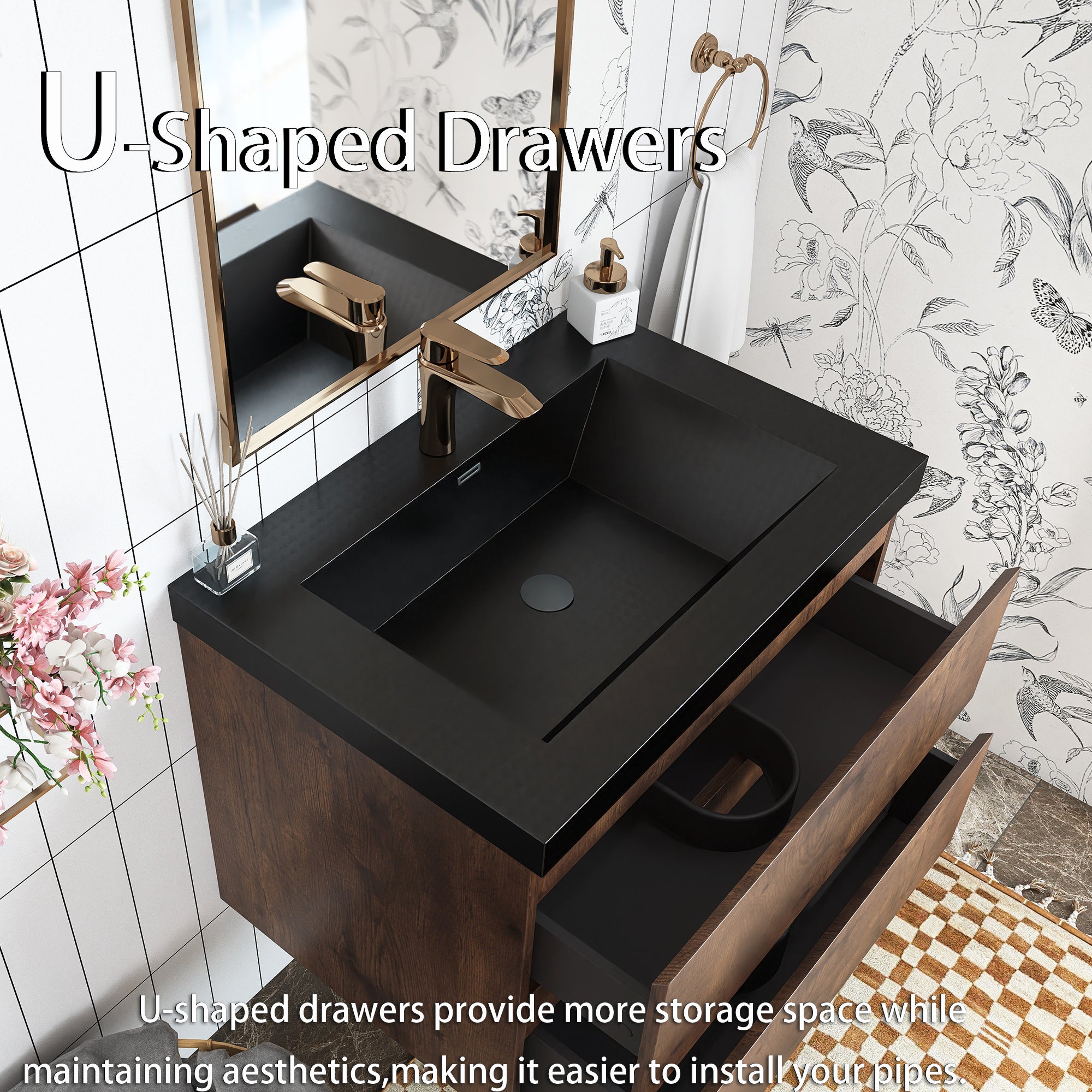 Wall Mounted Bathroom Vanity in Rose Wood with Soft-closing Drawers Black Cultured Marble Sink