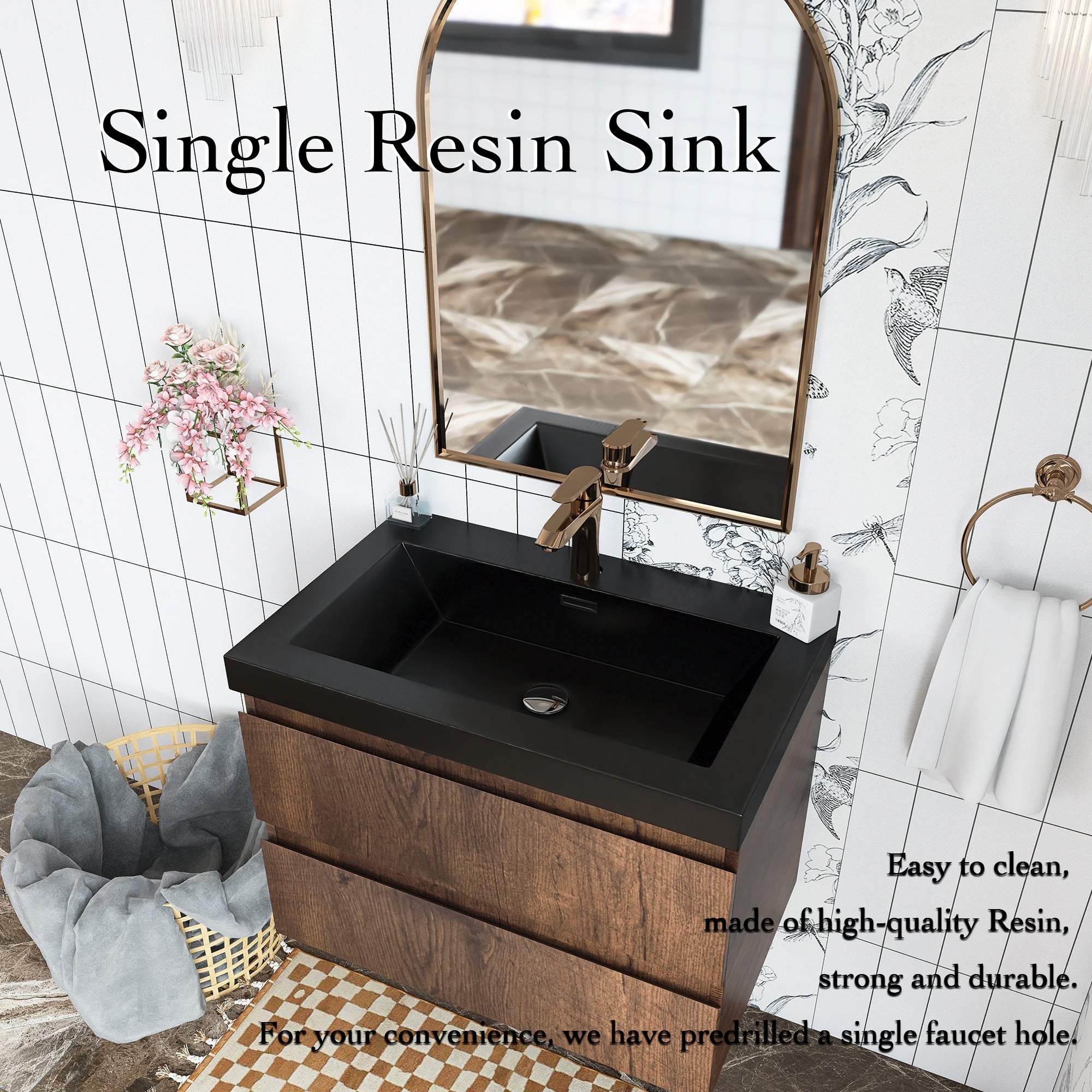 Wall Mounted Bathroom Vanity in Rose Wood with Soft-closing Drawers Black Cultured Marble Sink