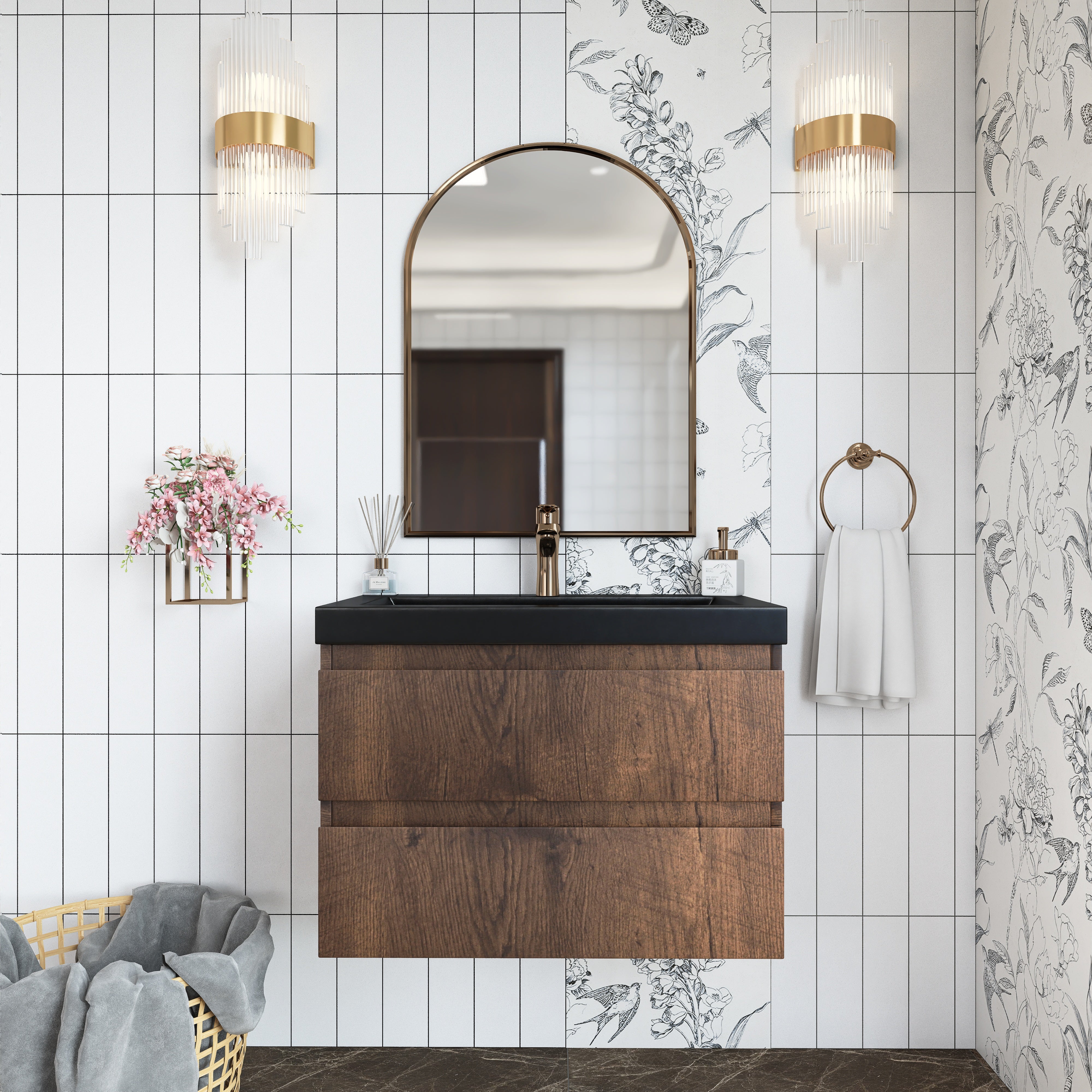 Wall Mounted Bathroom Vanity in Rose Wood with Soft-closing Drawers Black Cultured Marble Sink