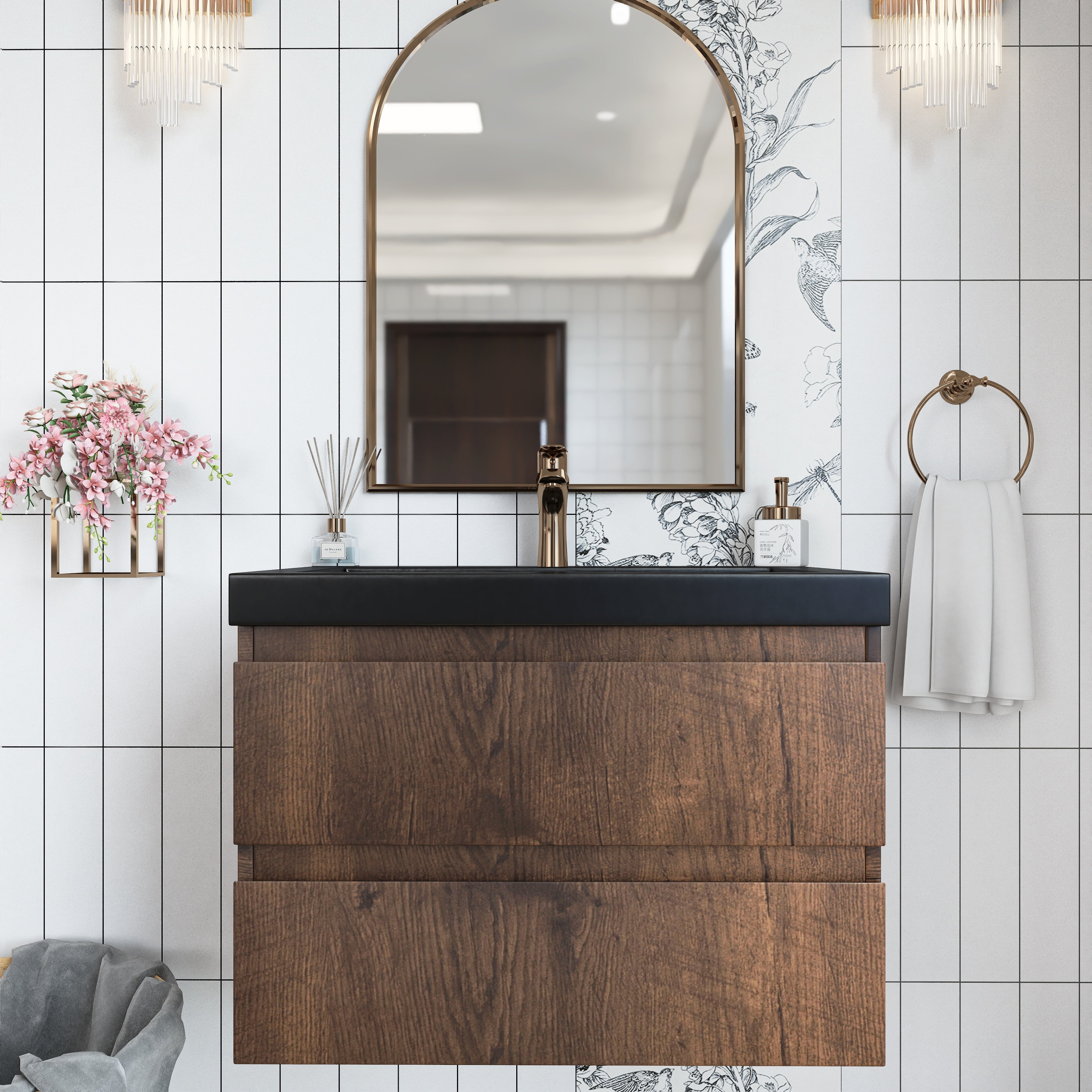 Wall Mounted Bathroom Vanity in Rose Wood with Soft-closing Drawers Black Cultured Marble Sink