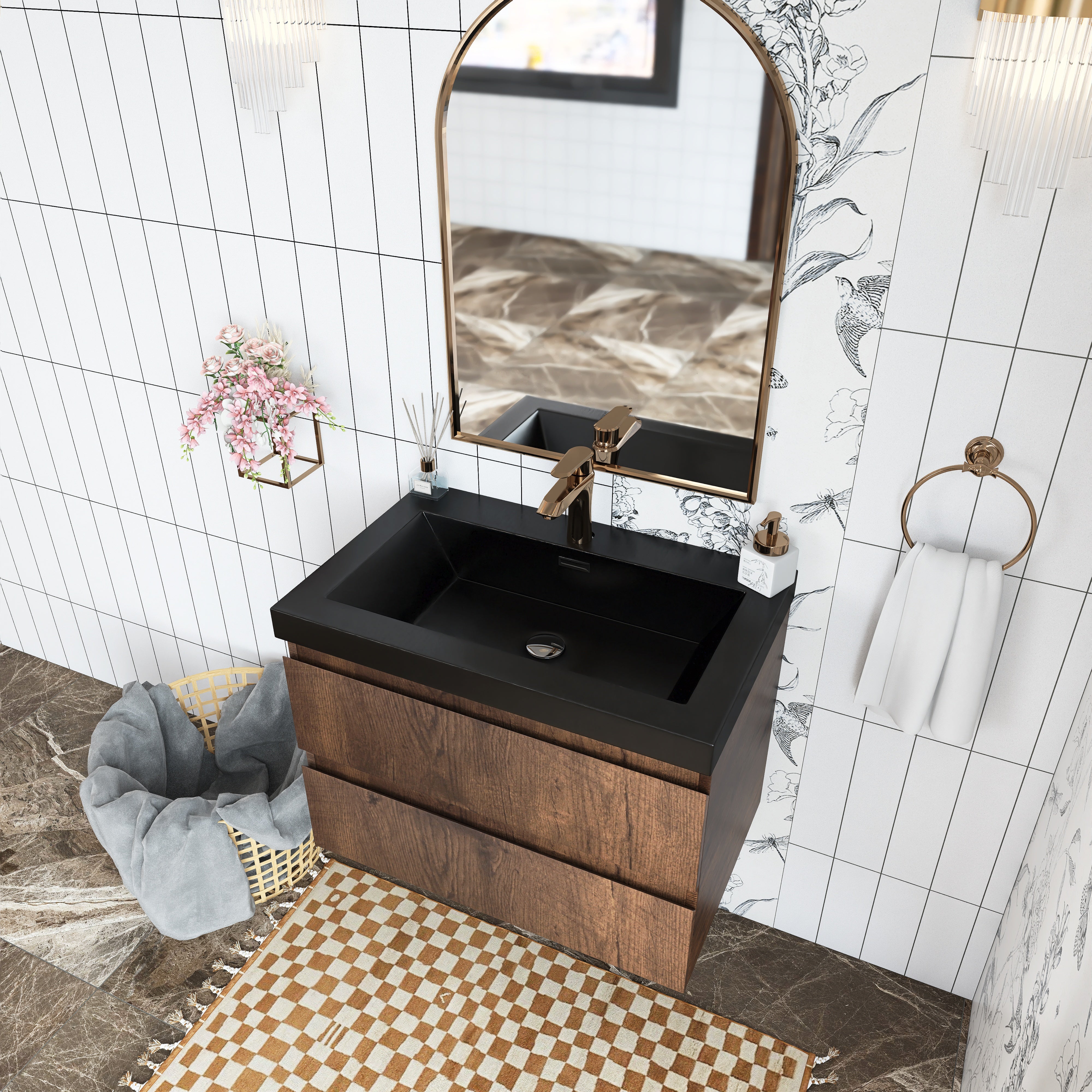 Wall Mounted Bathroom Vanity in Rose Wood with Soft-closing Drawers Black Cultured Marble Sink