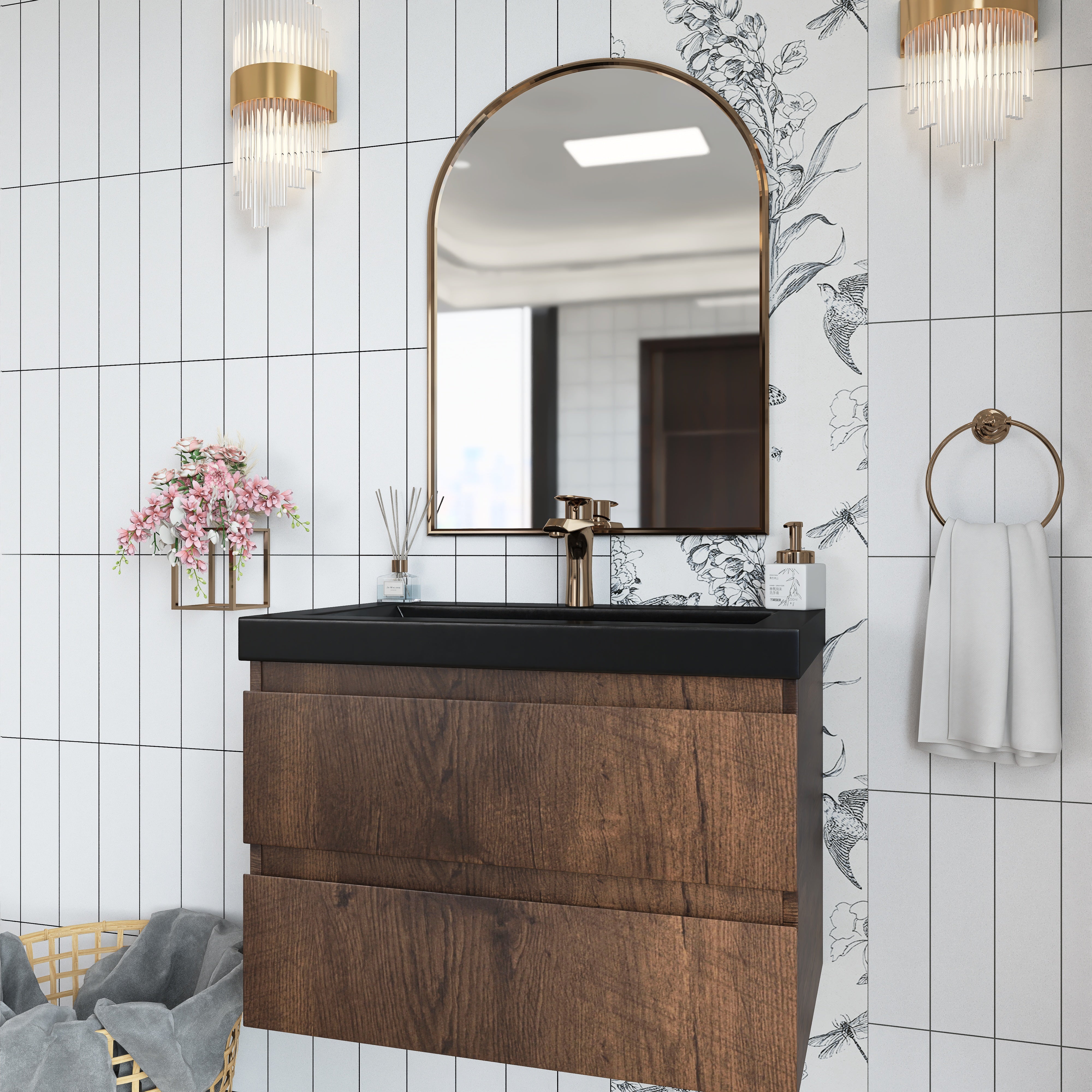 Wall Mounted Bathroom Vanity in Rose Wood with Soft-closing Drawers Black Cultured Marble Sink