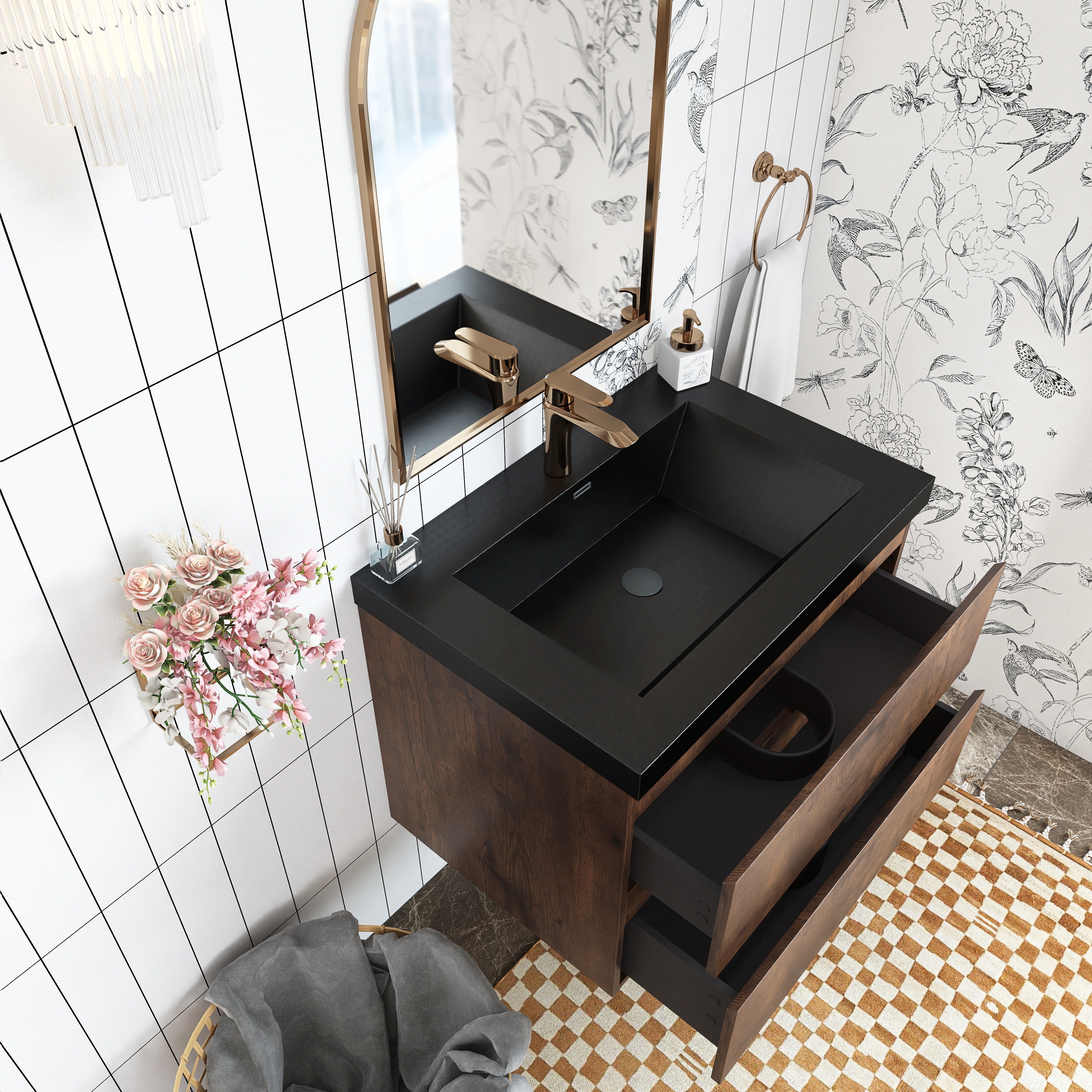 Wall Mounted Bathroom Vanity in Rose Wood with Soft-closing Drawers Black Cultured Marble Sink