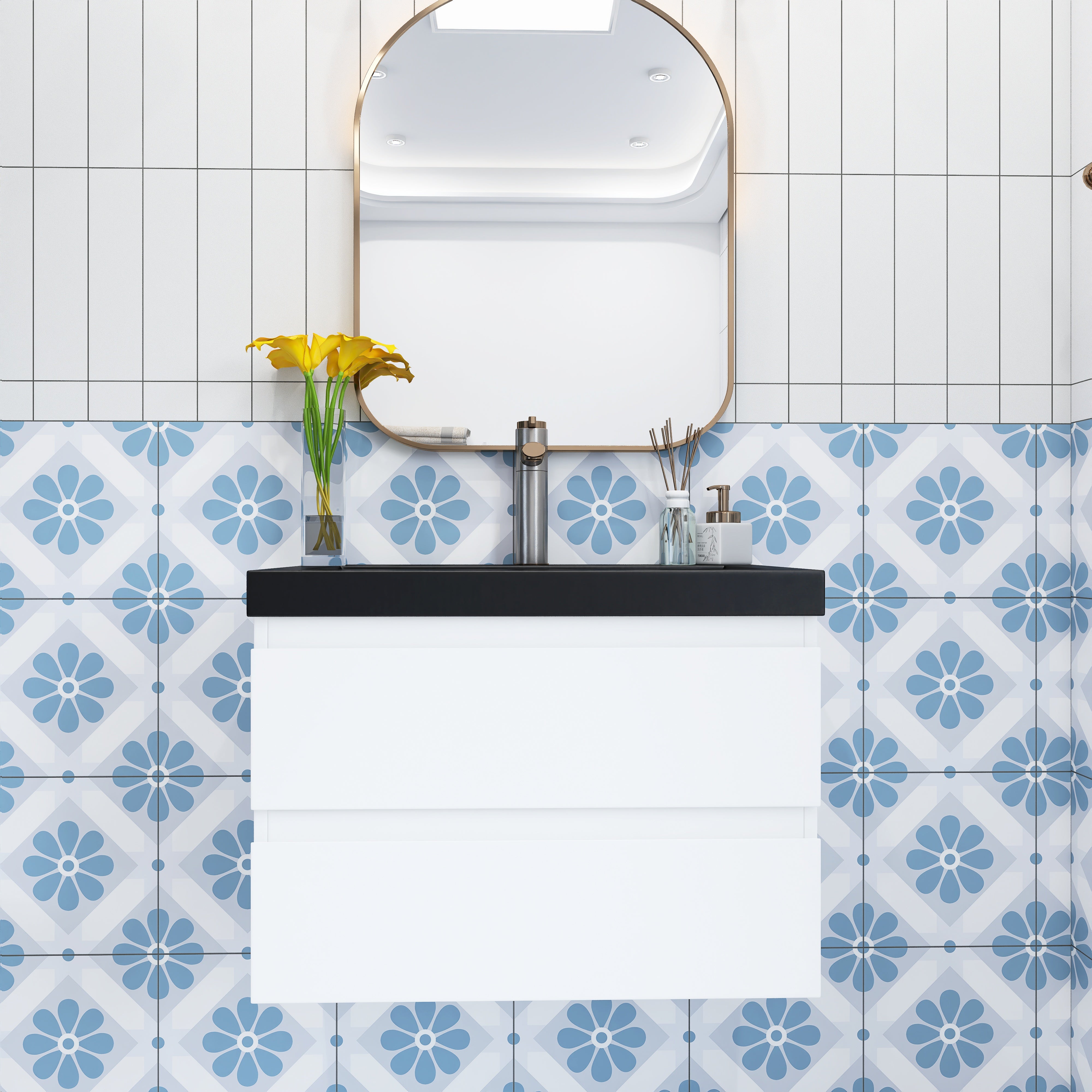 Wall Mounted Bathroom Vanity Set in White with Integrated Black Resin Sink with Drain