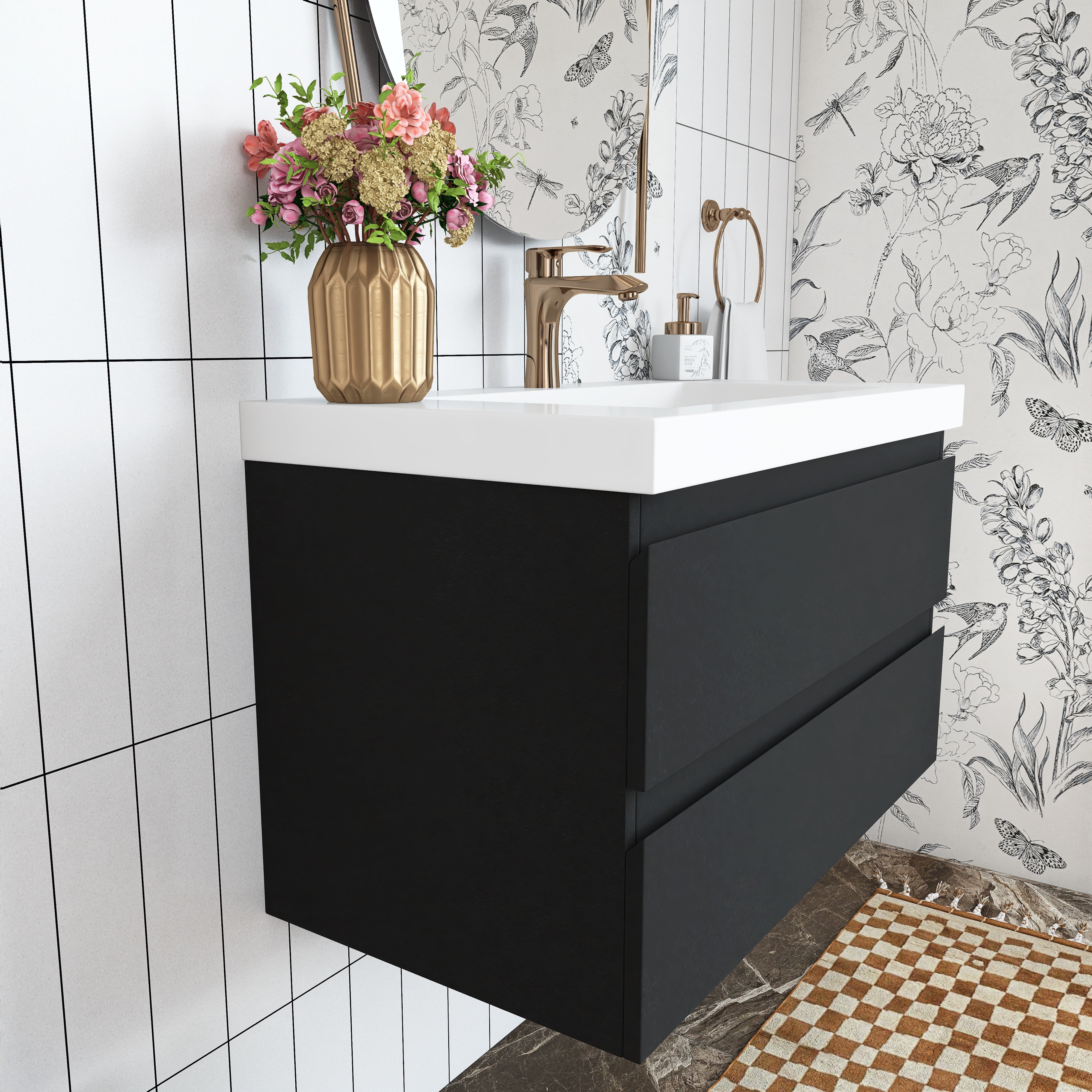 Wall Mounted Bathroom Vanity in Black with Cultured Marble Sink