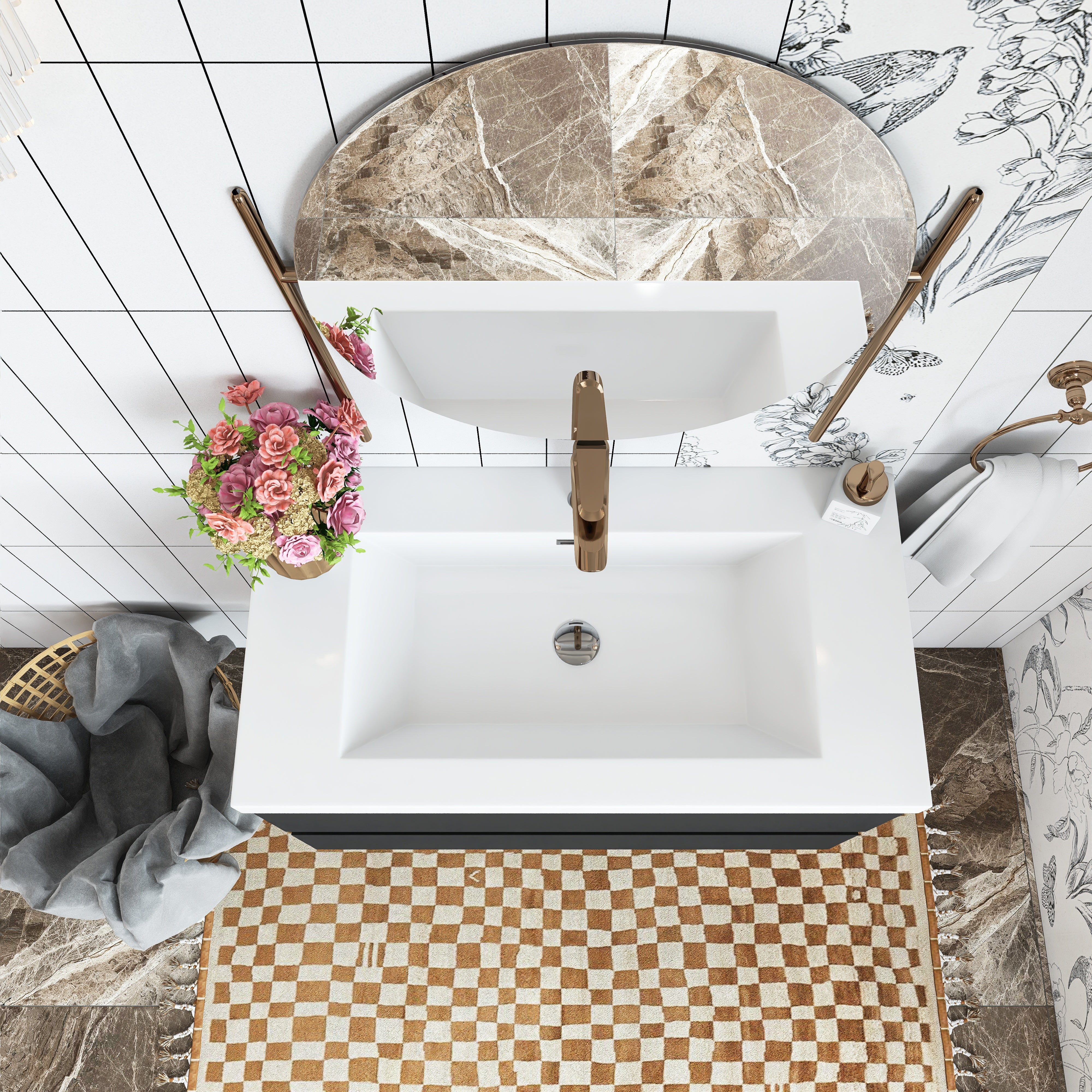 Wall Mounted Bathroom Vanity in Black with Cultured Marble Sink