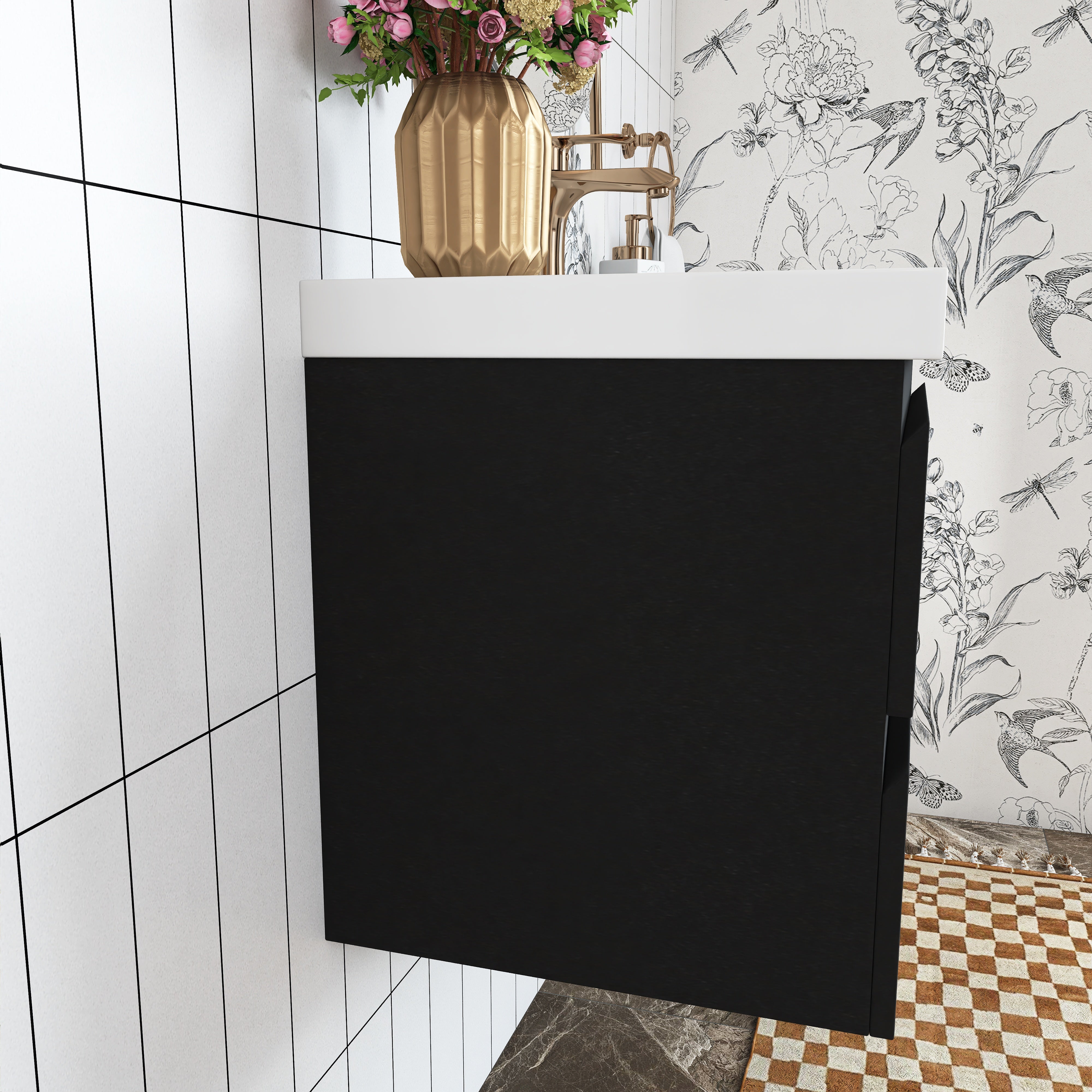 Wall Mounted Bathroom Vanity in Black with Cultured Marble Sink