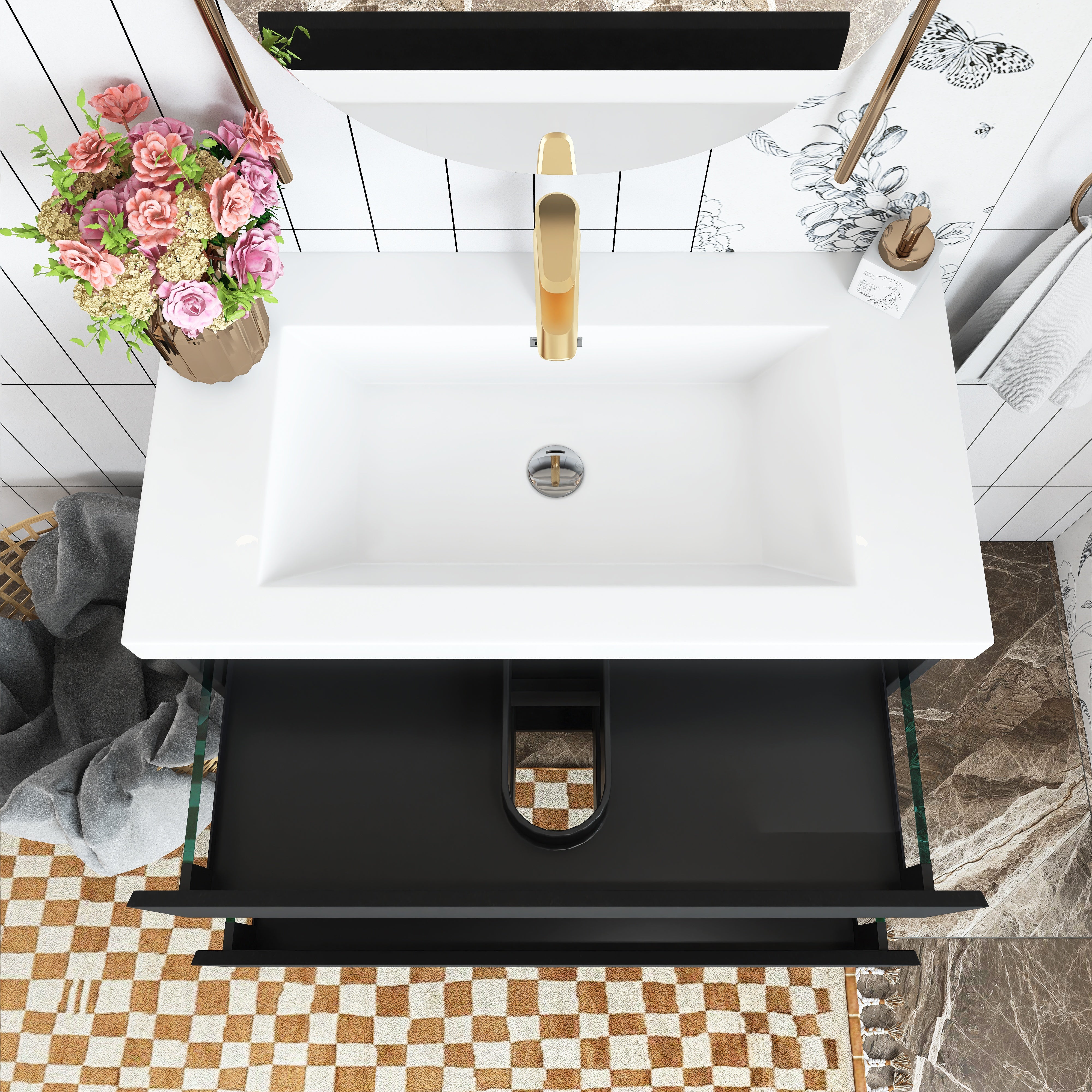 Wall Mounted Bathroom Vanity in Black with Cultured Marble Sink