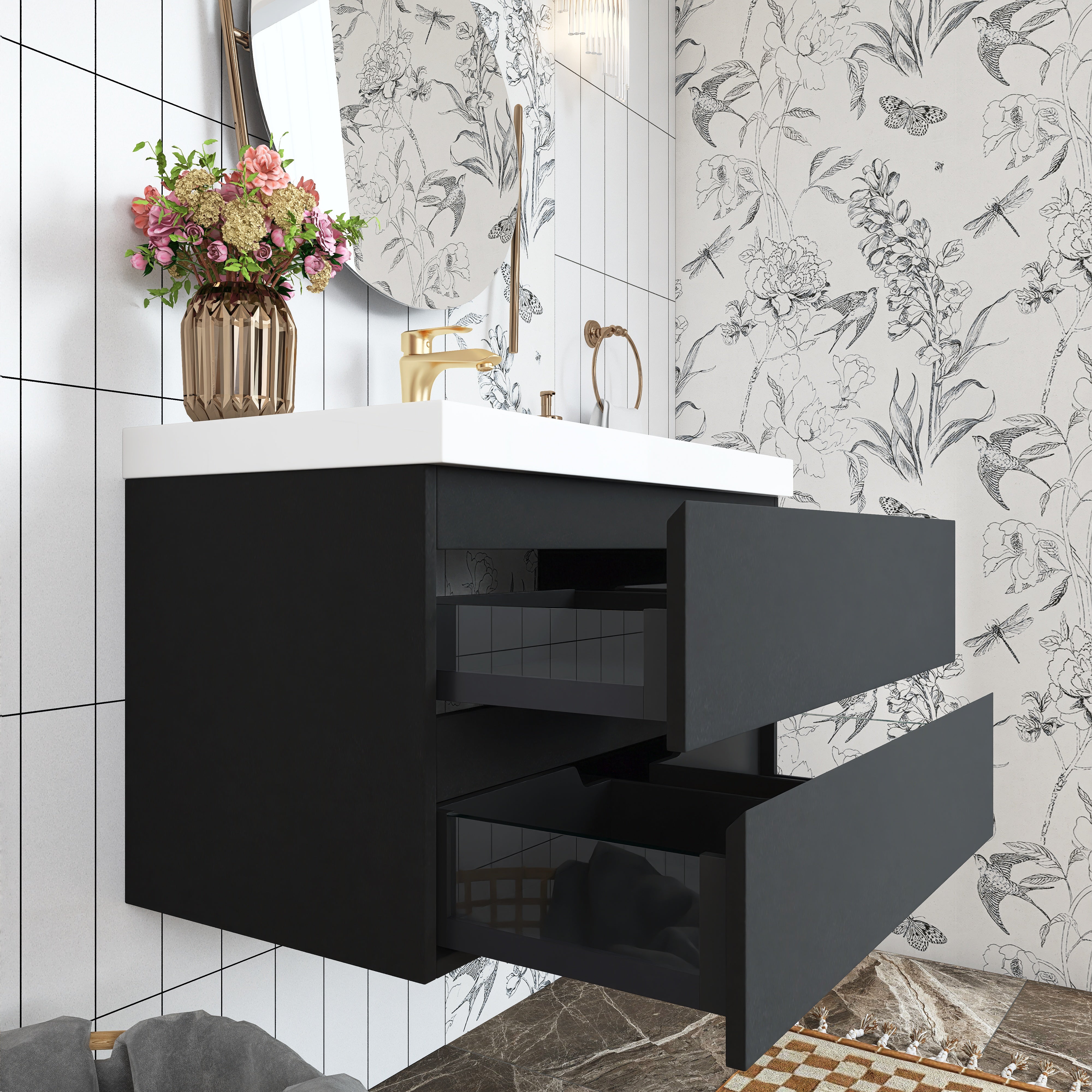 Wall Mounted Bathroom Vanity in Black with Cultured Marble Sink