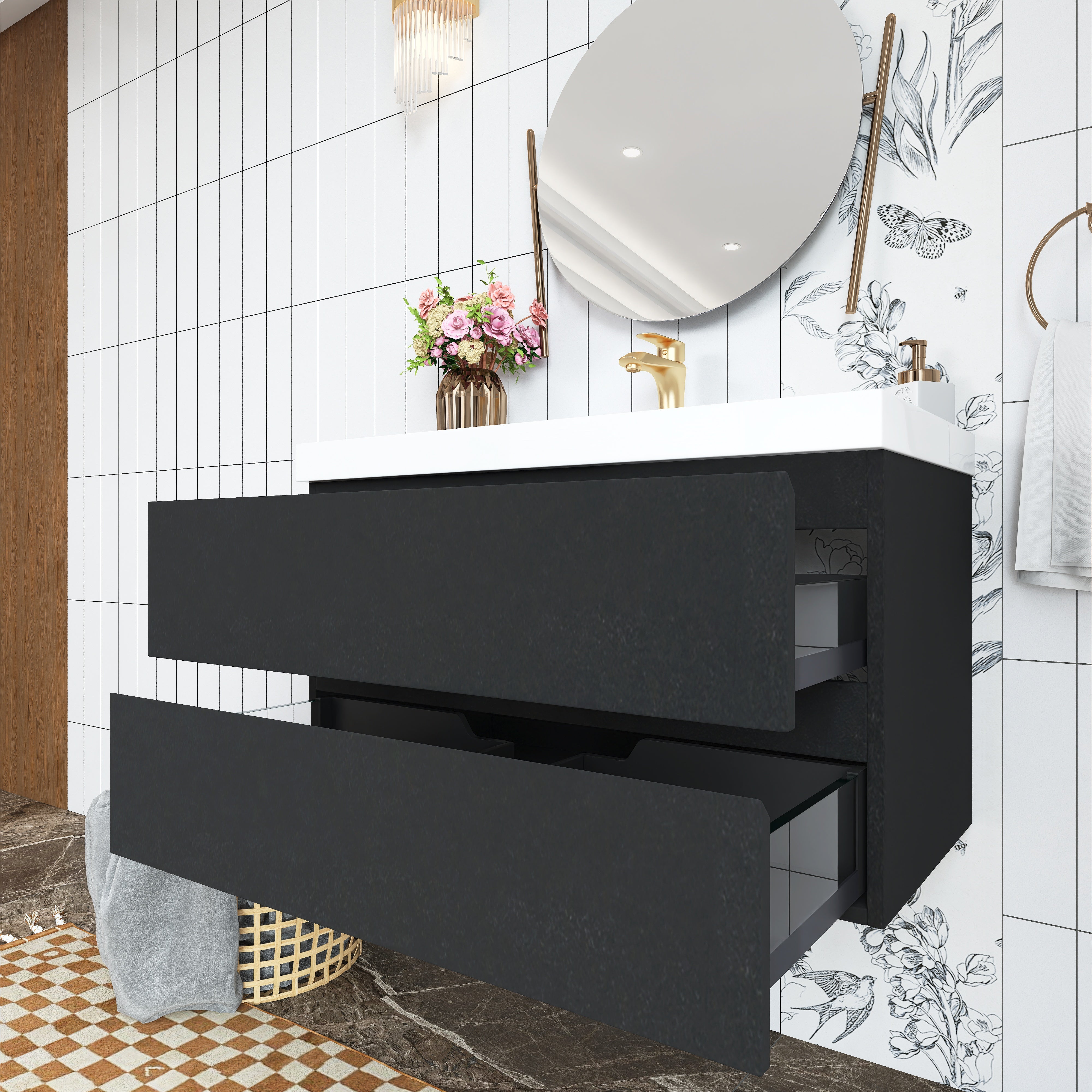 Wall Mounted Bathroom Vanity in Black with Cultured Marble Sink