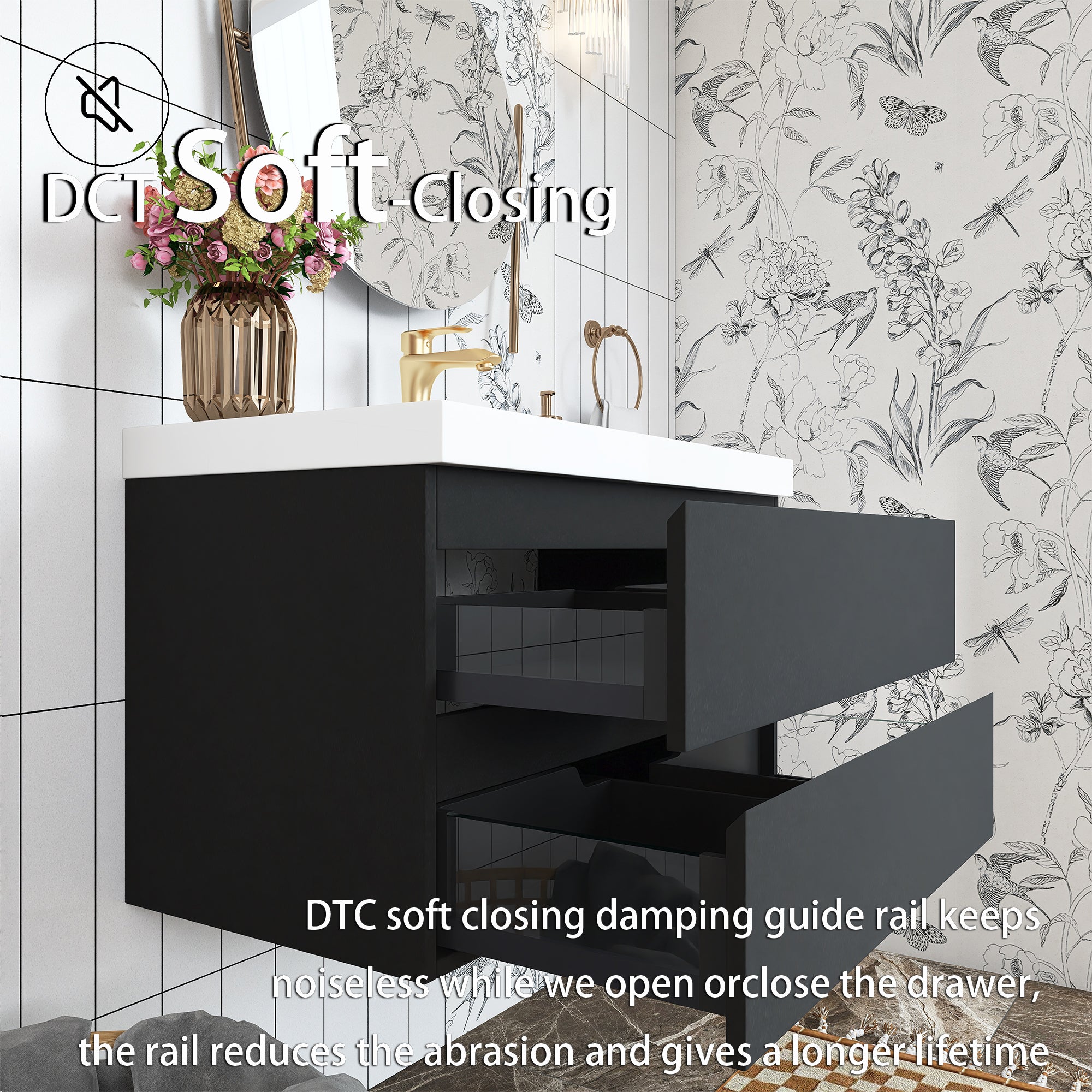 Wall Mounted Bathroom Vanity in Black with Cultured Marble Sink