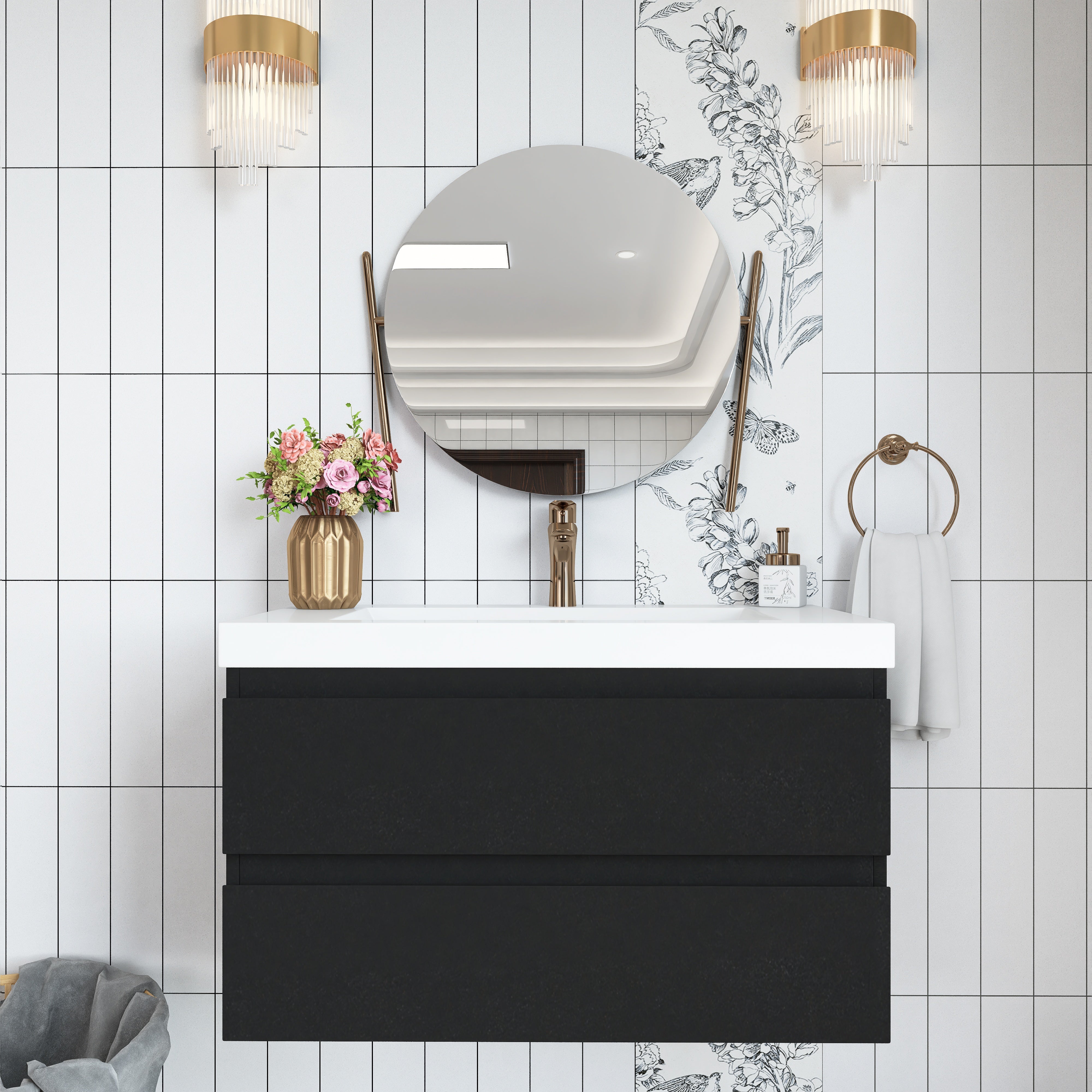 Wall Mounted Bathroom Vanity in Black with Cultured Marble Sink