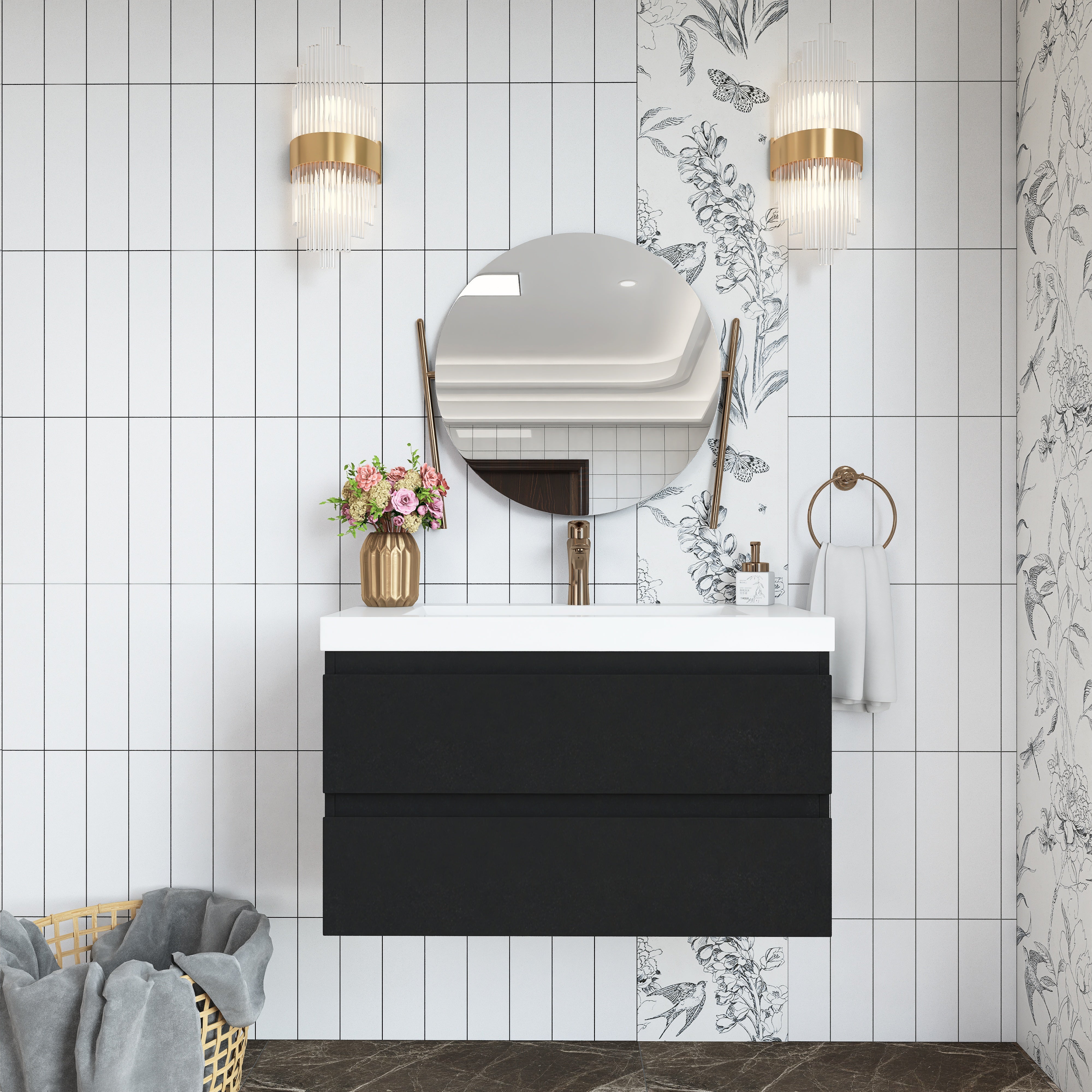 Wall Mounted Bathroom Vanity in Black with Cultured Marble Sink