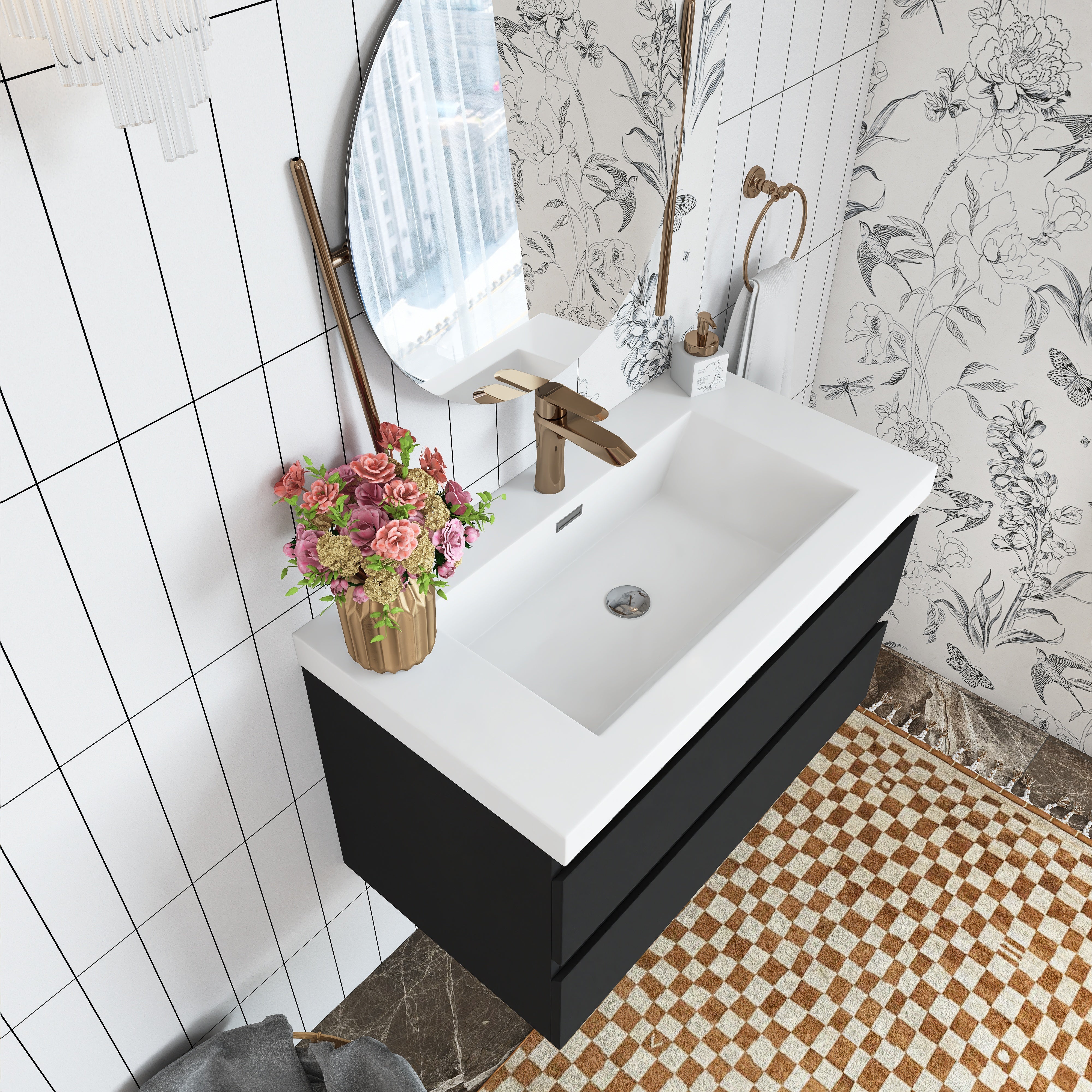 Wall Mounted Bathroom Vanity in Black with Cultured Marble Sink