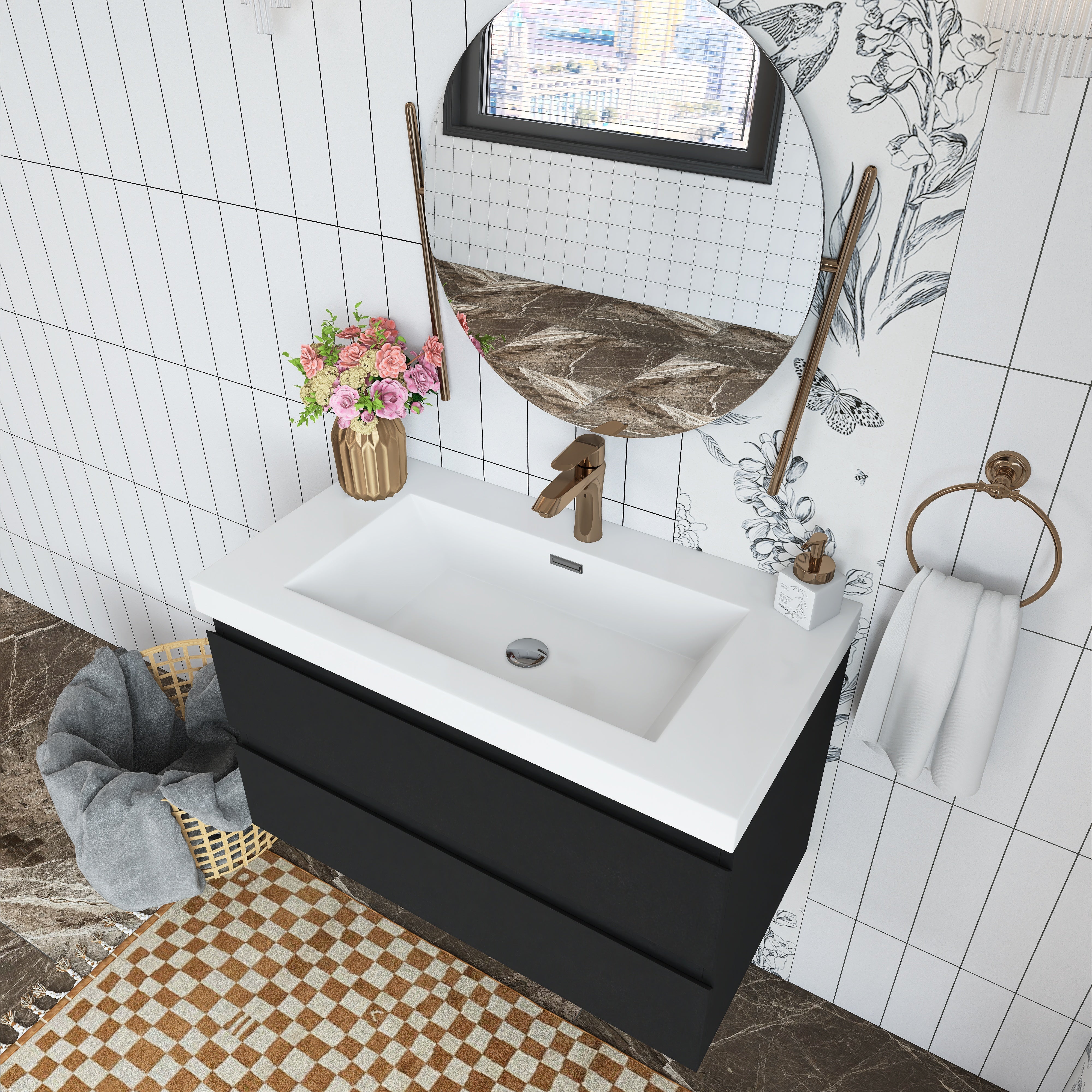 Wall Mounted Bathroom Vanity in Black with Cultured Marble Sink