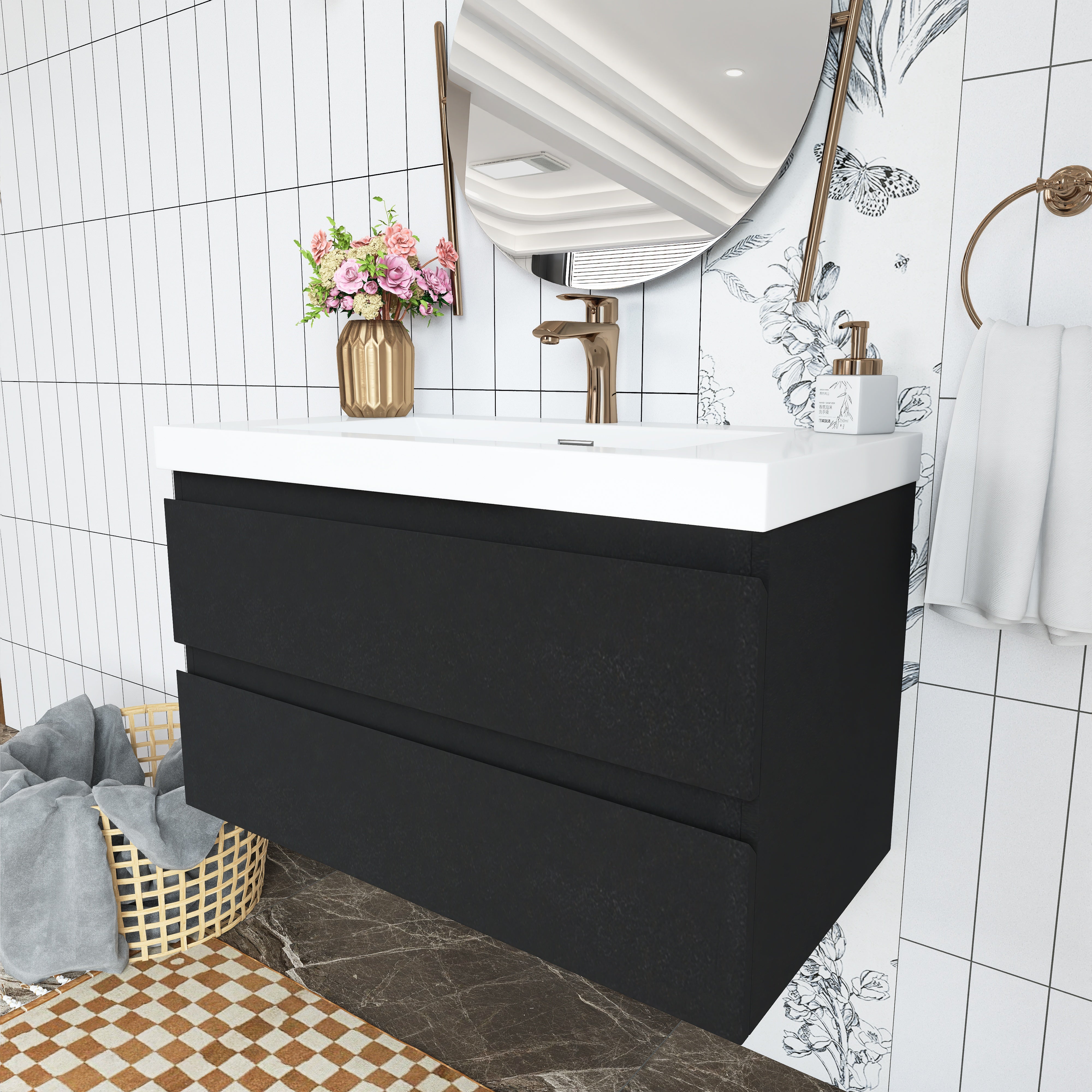 Wall Mounted Bathroom Vanity in Black with Cultured Marble Sink