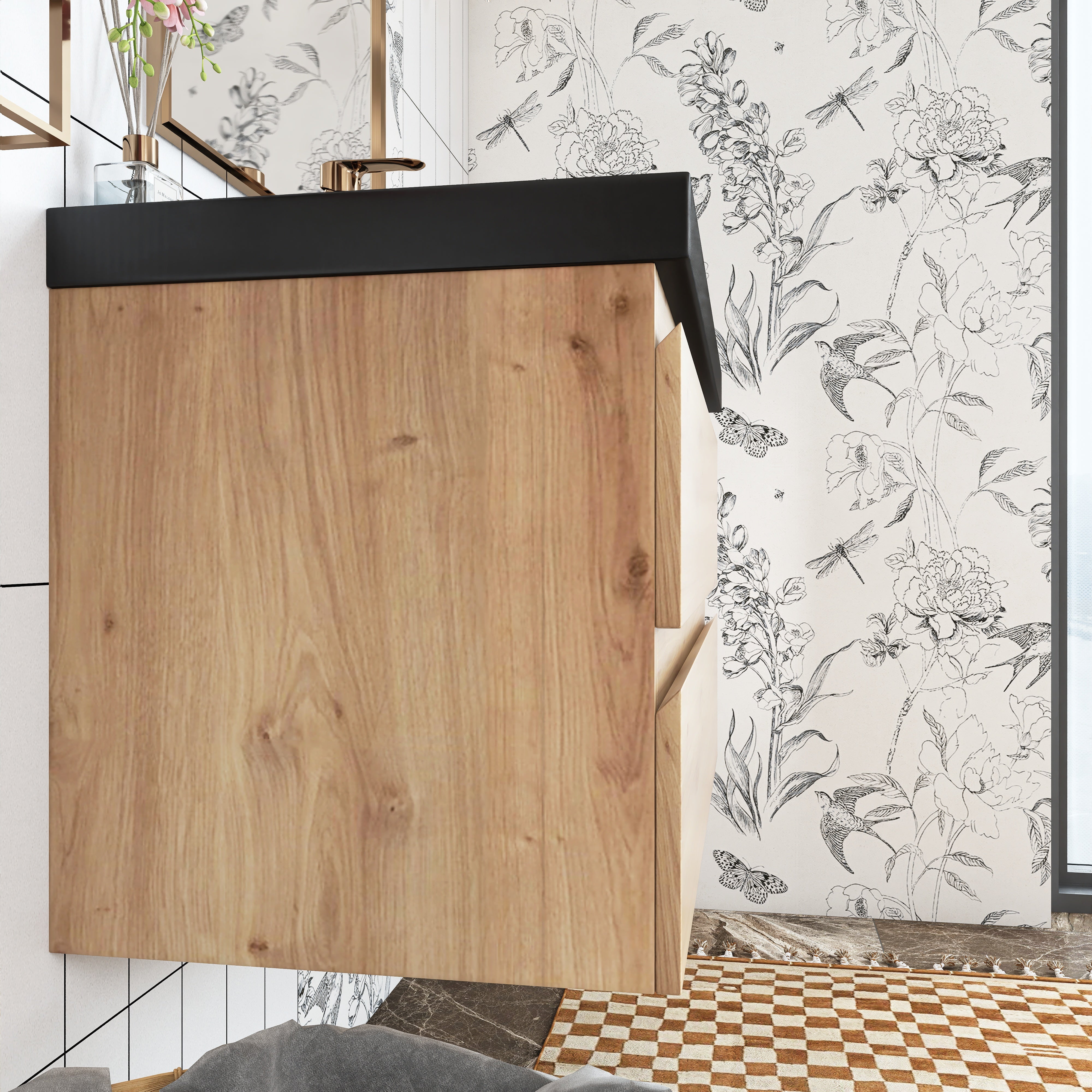 Wall Mounted Bathroom Vanity in F. Oak with soft- closing drawers with Black Cultured Marble Sink