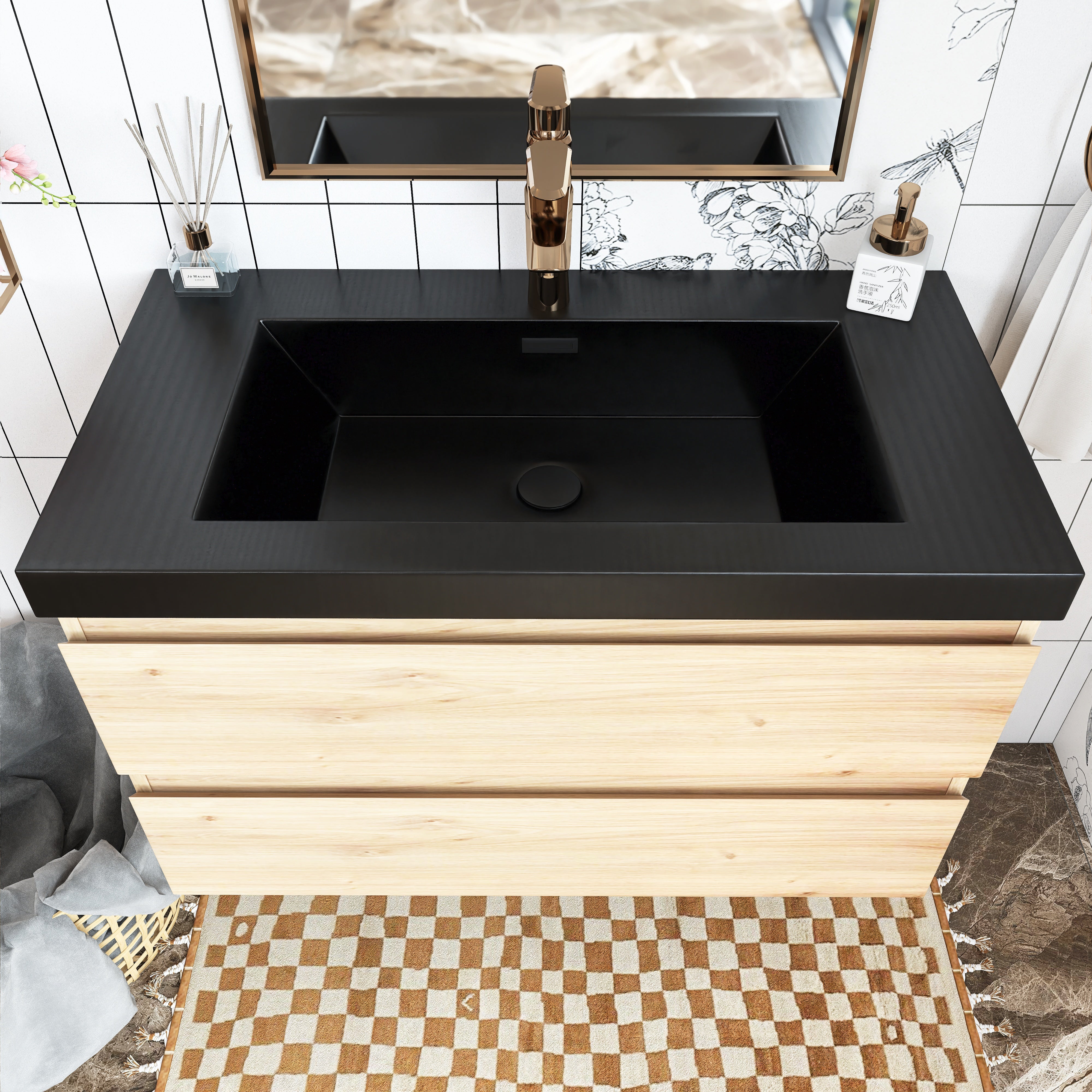 Wall Mounted Bathroom Vanity in F. Oak with soft- closing drawers with Black Cultured Marble Sink