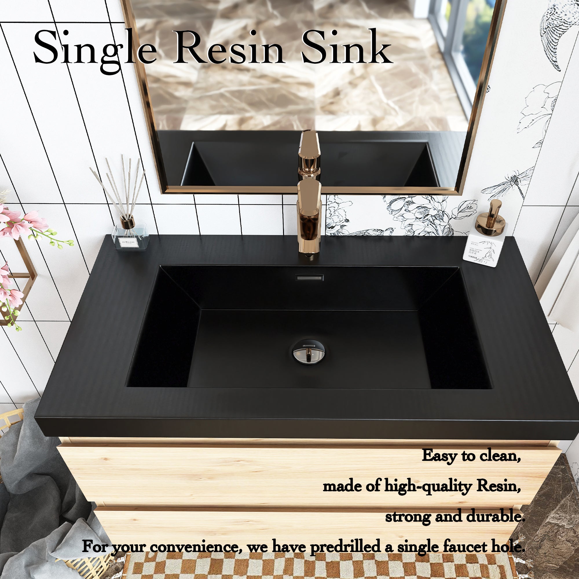 Wall Mounted Bathroom Vanity in F. Oak with soft- closing drawers with Black Cultured Marble Sink