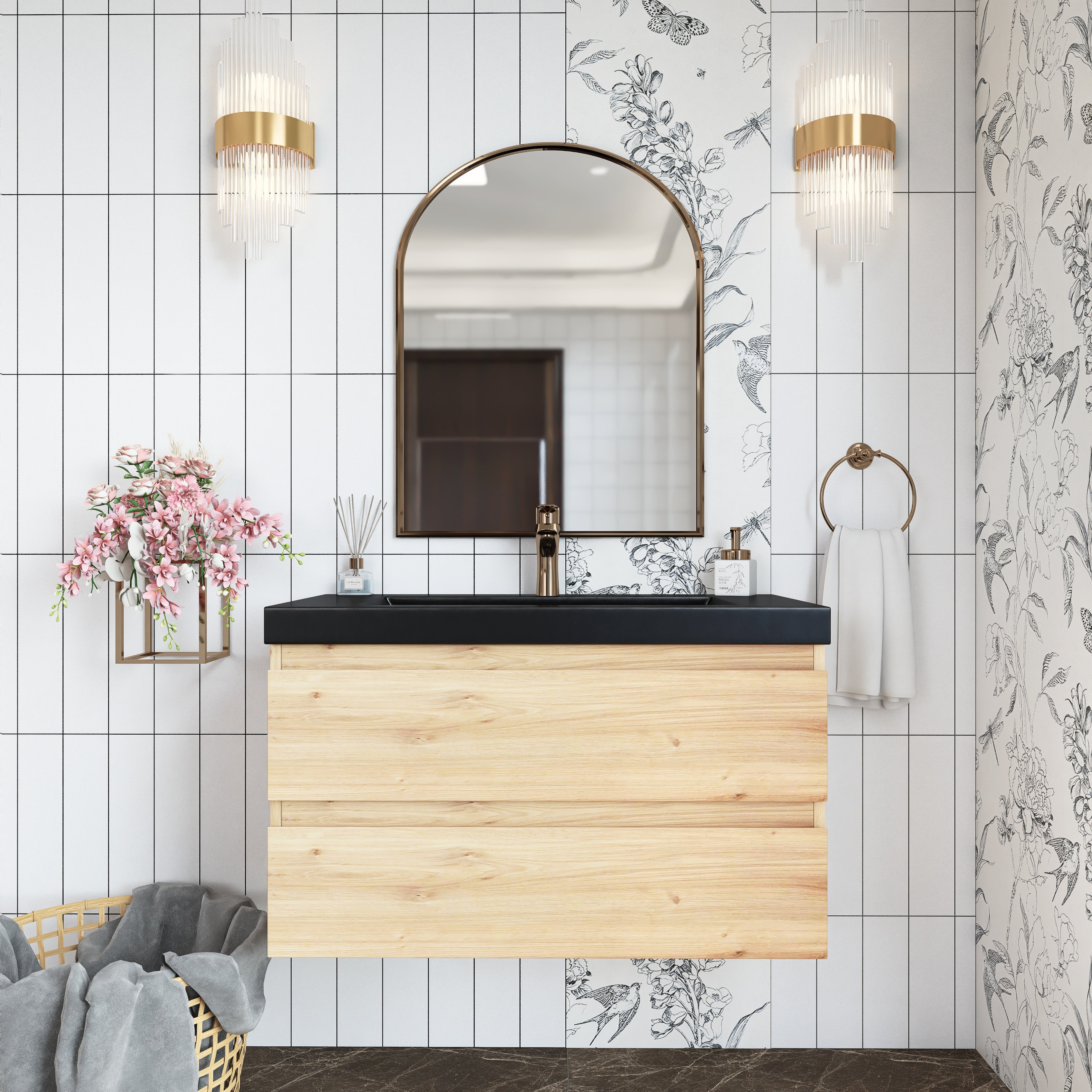 Wall Mounted Bathroom Vanity in F. Oak with soft- closing drawers with Black Cultured Marble Sink