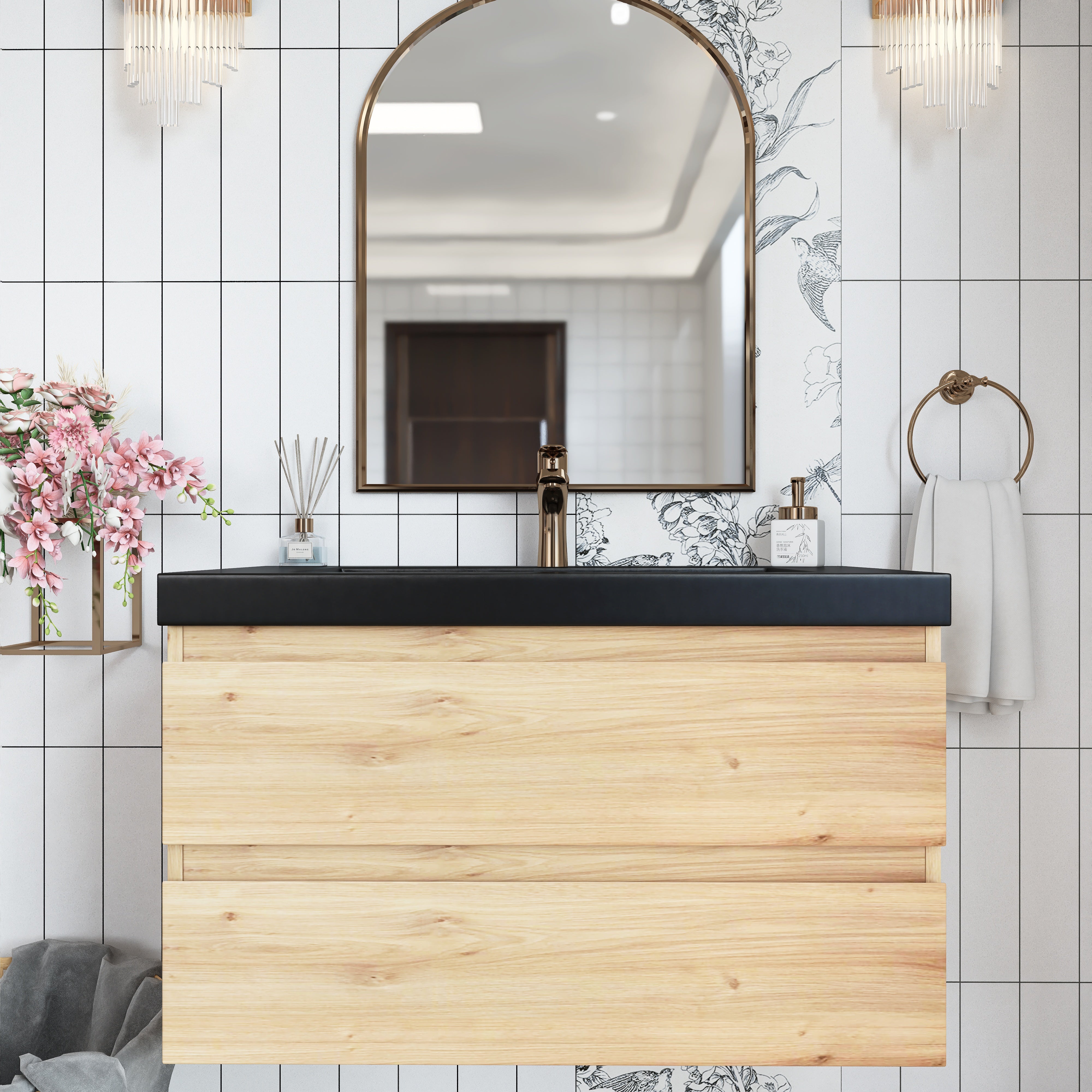 Wall Mounted Bathroom Vanity in F. Oak with soft- closing drawers with Black Cultured Marble Sink