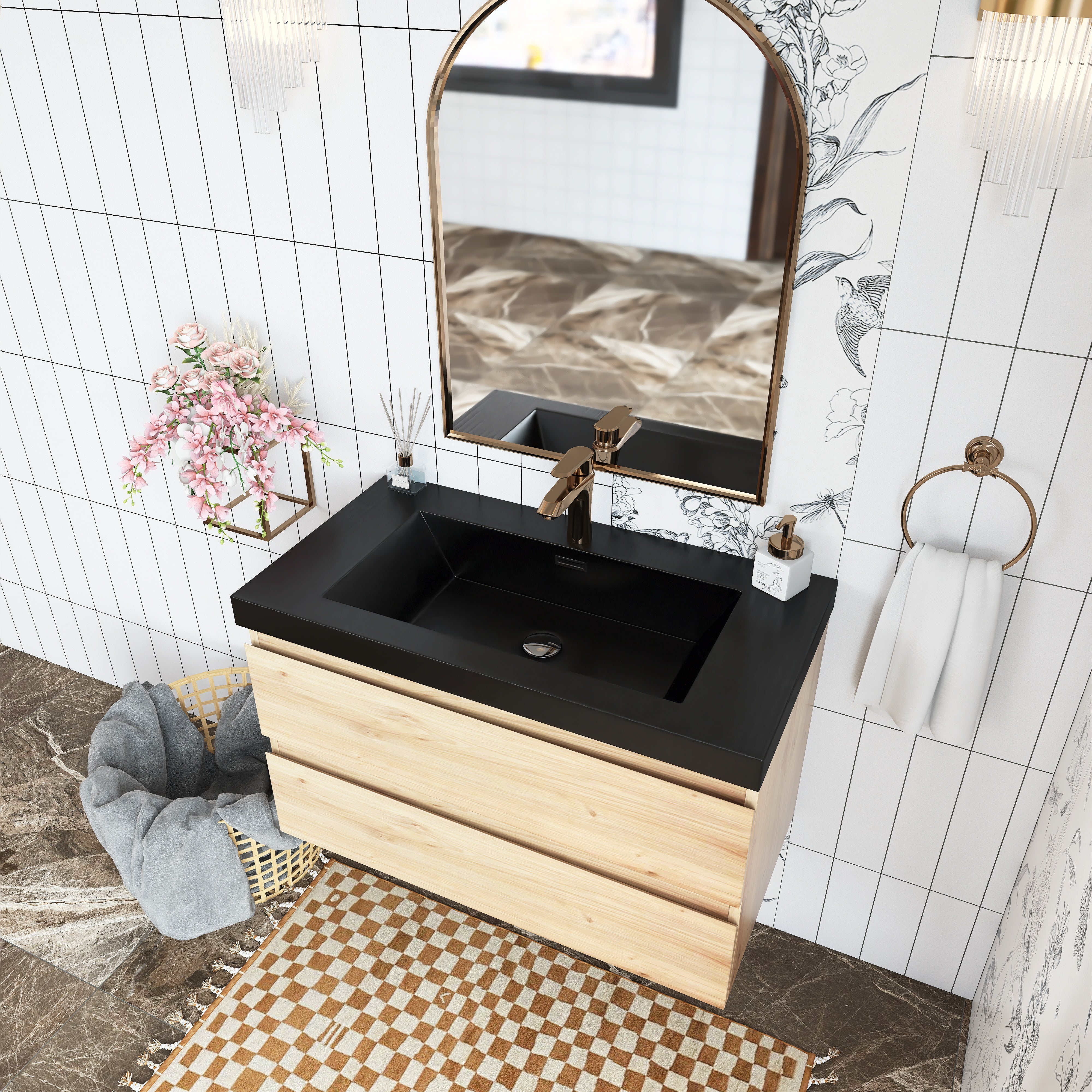 Wall Mounted Bathroom Vanity in F. Oak with soft- closing drawers with Black Cultured Marble Sink