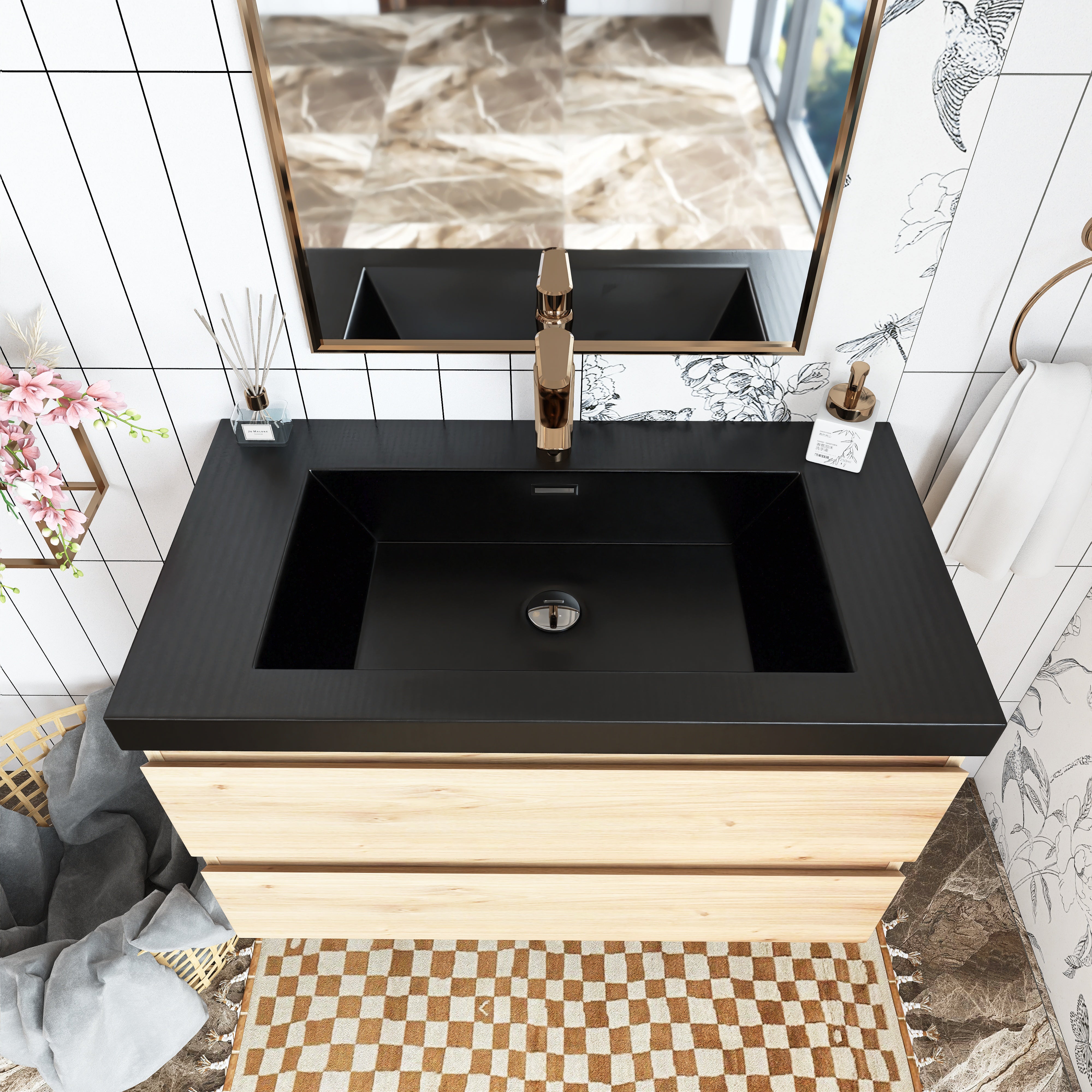 Wall Mounted Bathroom Vanity in F. Oak with soft- closing drawers with Black Cultured Marble Sink