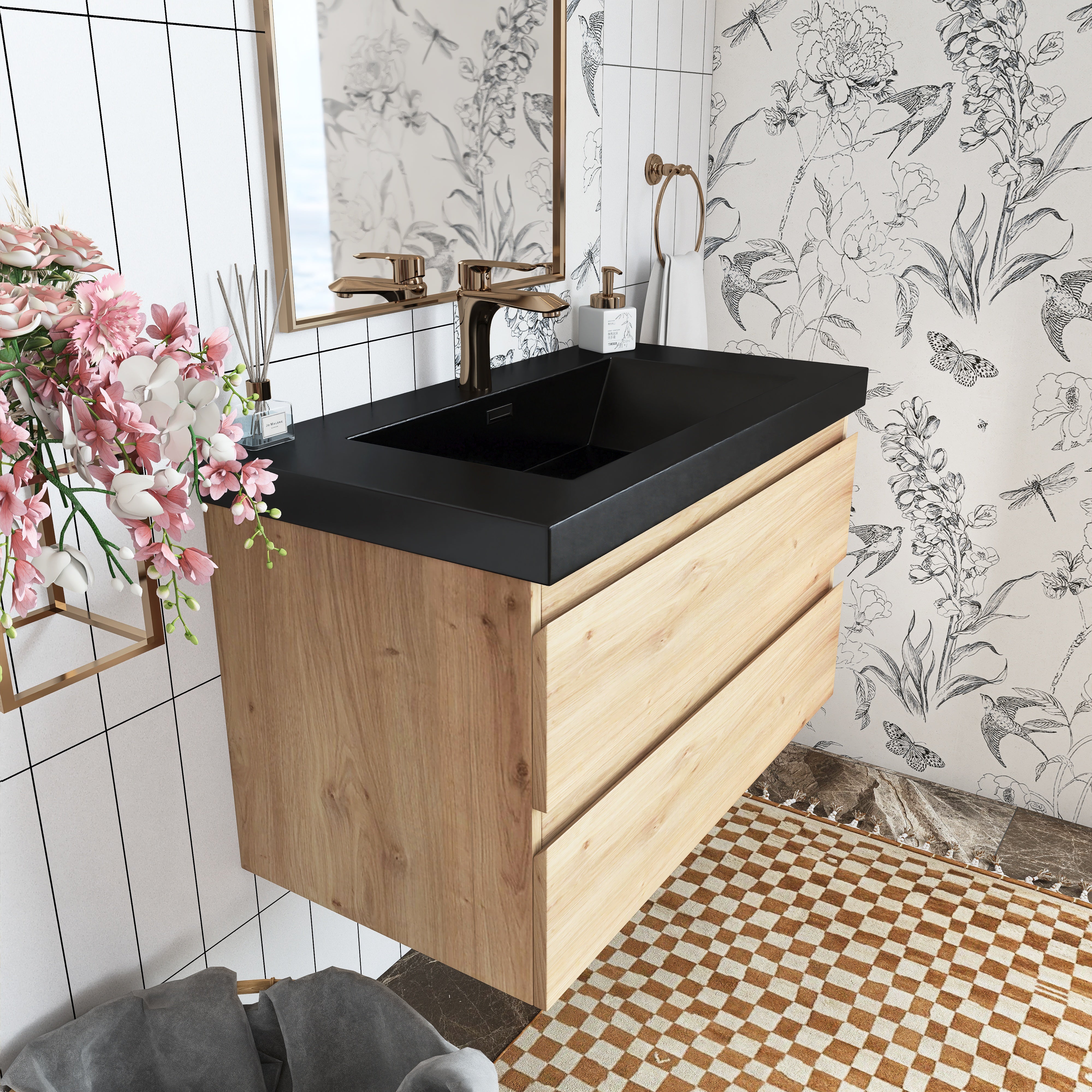 Wall Mounted Bathroom Vanity in F. Oak with soft- closing drawers with Black Cultured Marble Sink